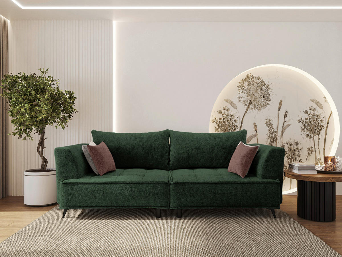 BIGSOFA in Chenille Dunkelgrün  - Dunkelgrün/Beige, Design, Textil/Metall (250/90/120cm) - home24