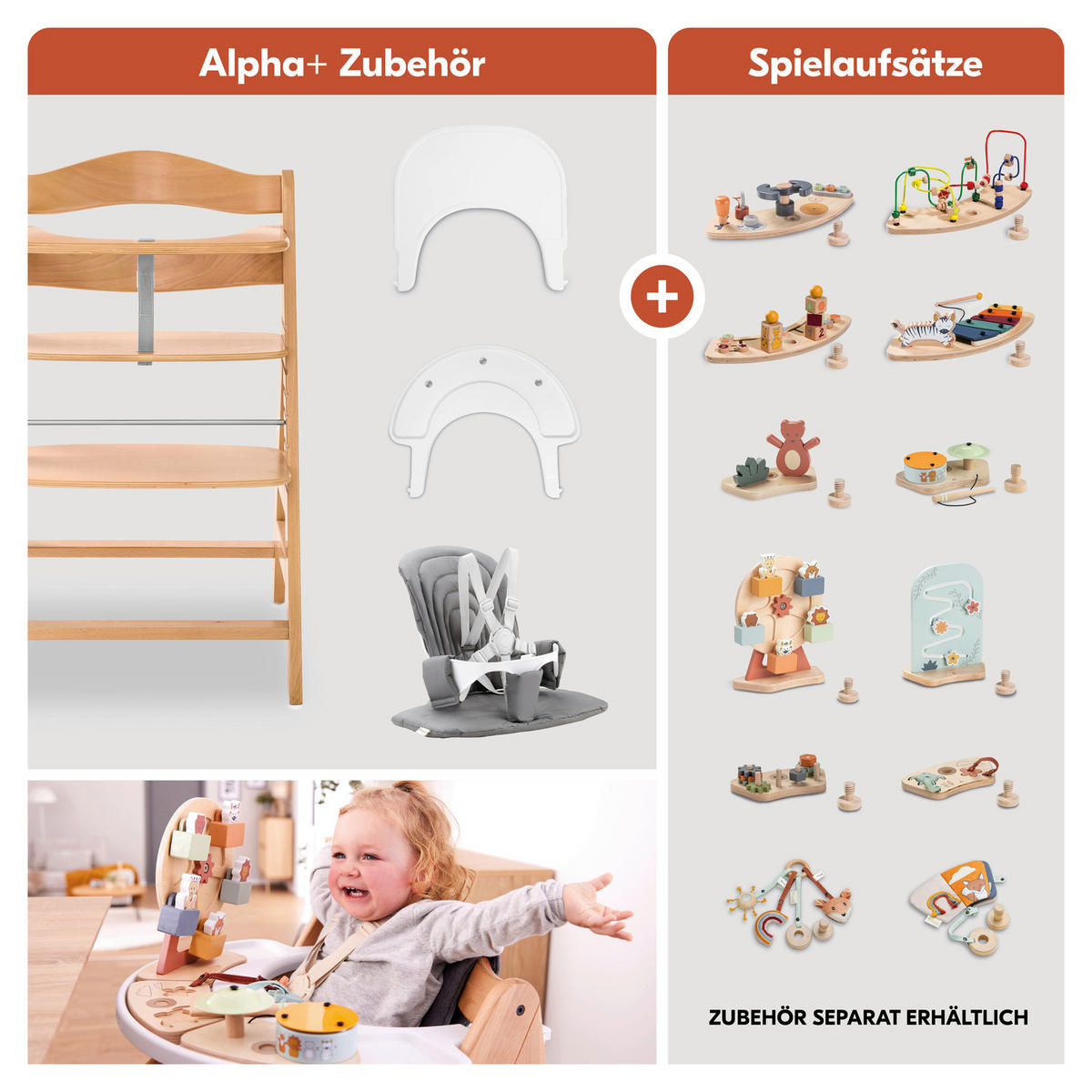 KOMBIHOCHSTUHL Alpha Newborn Set Pro  - Hellbraun/Hellgrau, Basics, Holz/Textil (50/103,5/67cm) - Hauck