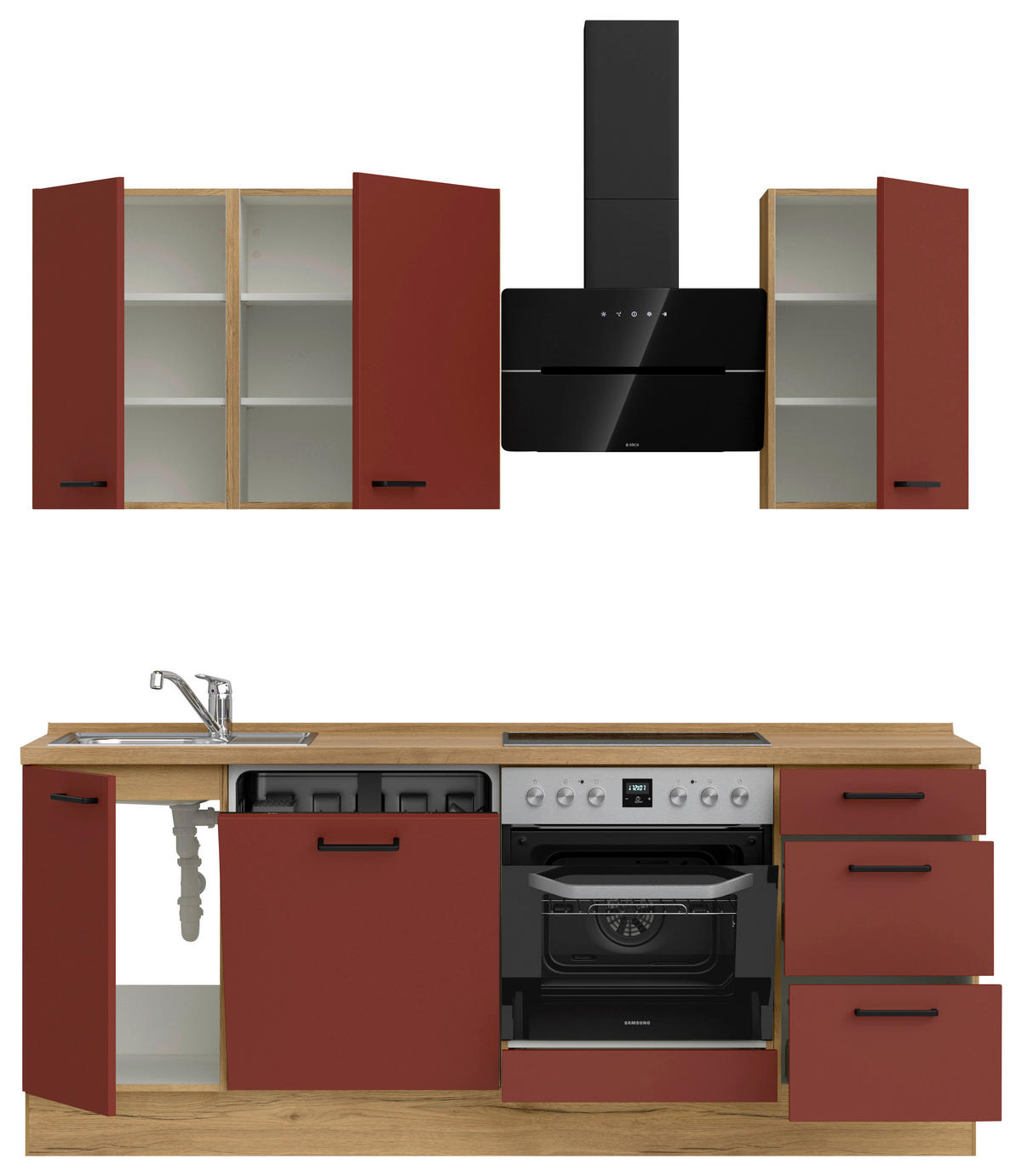 KÜCHENLEERBLOCK 210 cm   in Rot, Eichefarben  - Eichefarben/Rot, MODERN, Holzwerkstoff/Metall (210cm) - Nobilia