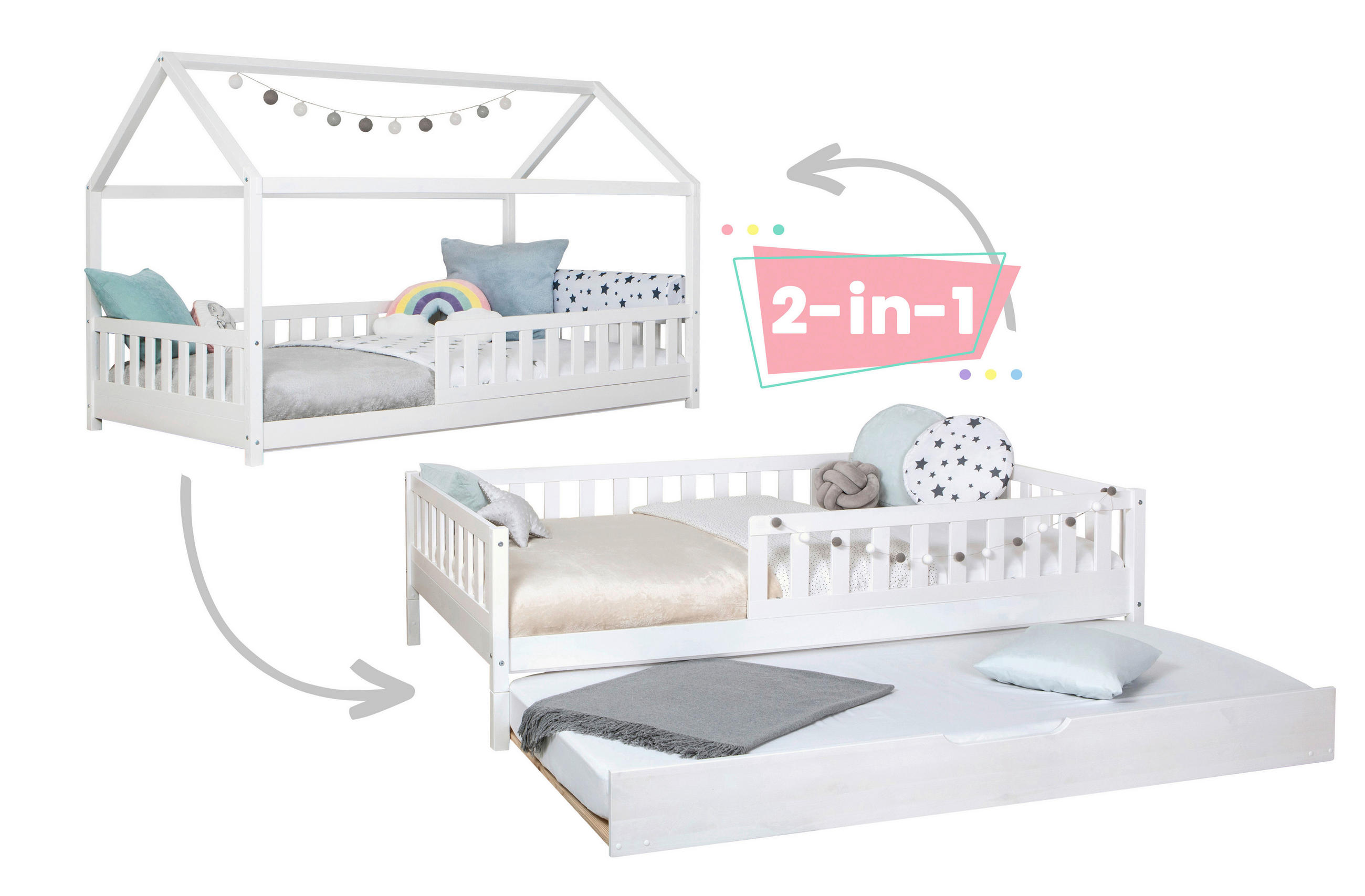 AUSZIEHBETT 100/200 cm  in Weiss  - Weiss/Naturfarben, Modern, Holz/Textil (100/200cm) - MID.YOU