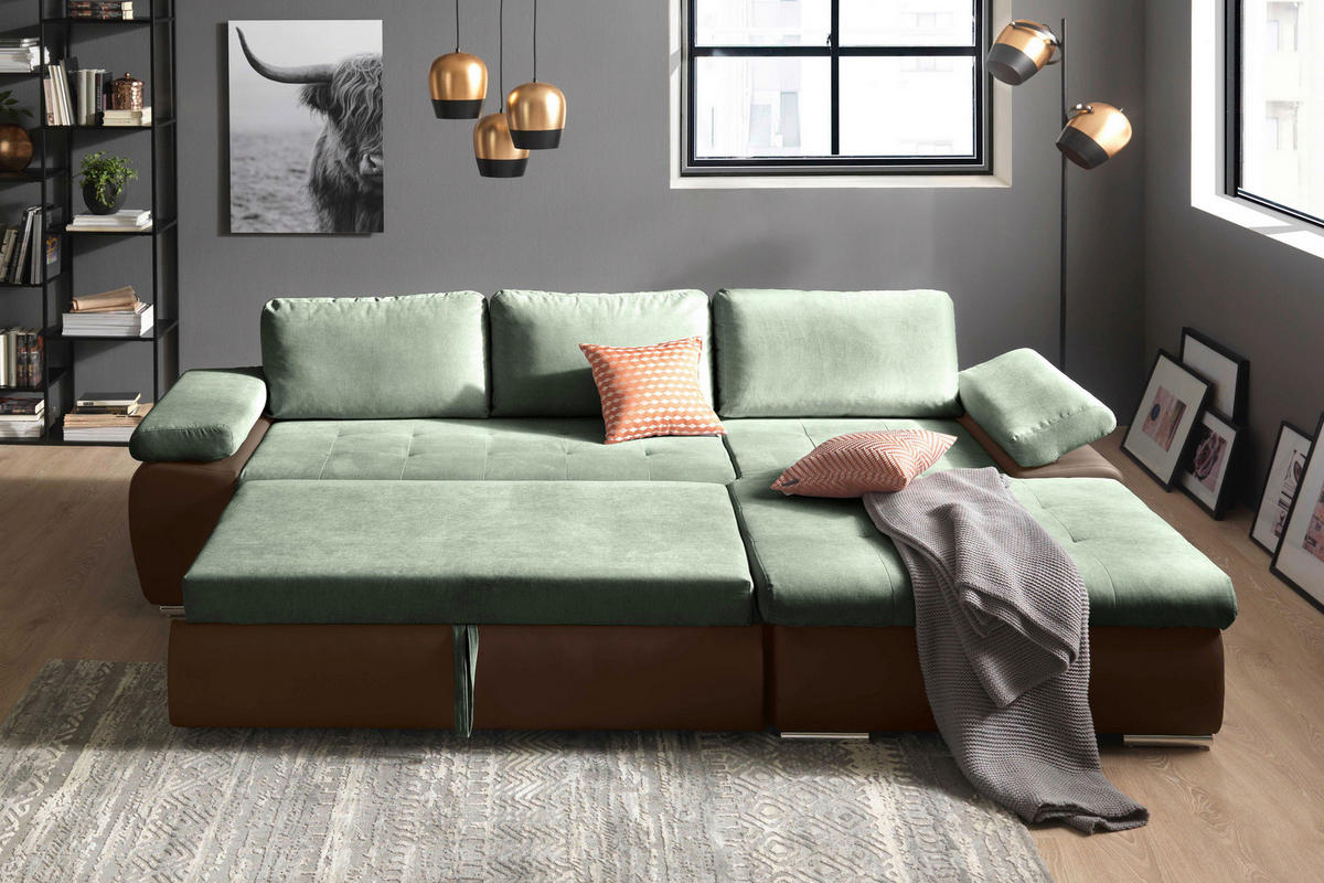 SEDEŽNA GARNITURA, gladka tkanina olivno zelena , rjava  - barve niklja/olivno zelena, Design, umetna masa/tekstil (271/175cm) - Xora