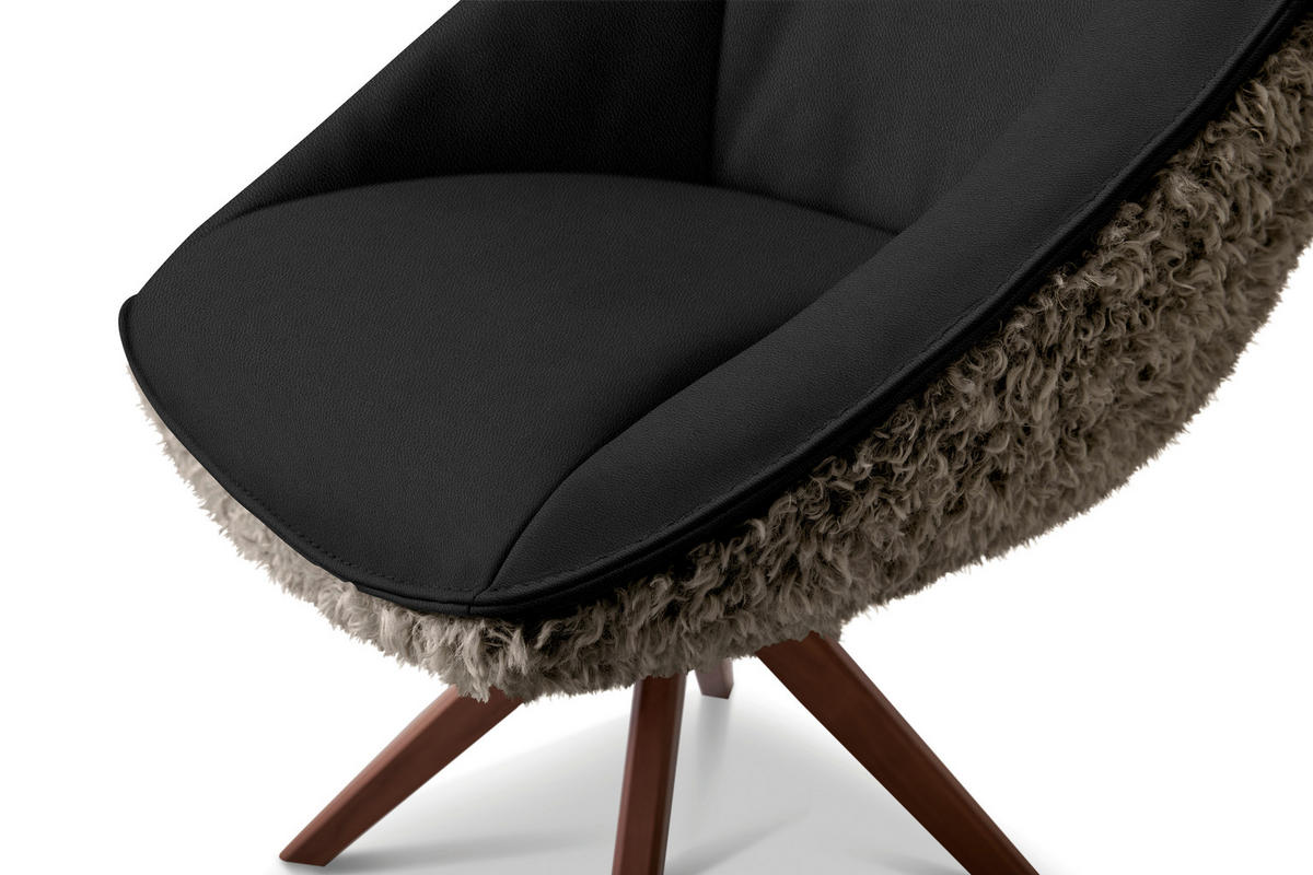 ARMLEHNSTUHL  Beinauswahl, Lederauswahl, Stoffauswahl, inklusive Armlehnen, automatische Rückholfunktion, gepolsterte Armlehnen, Sitzfläche 320° drehbar Hochflor Echtleder  - Schwarzbraun/Nussbaumfarben, Design, Leder/Holz (61/89/70cm) - Koinor