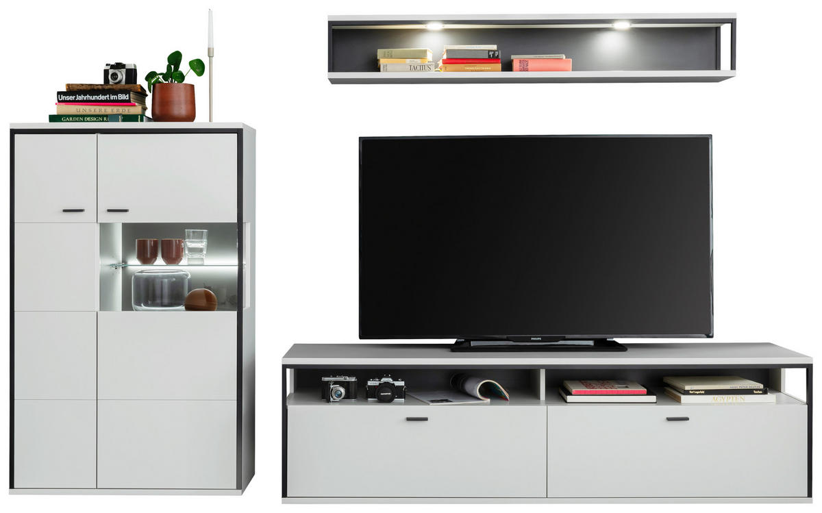 WOHNWAND  in Schwarz, Weiß  278/199/51 cm  - Schwarz/Weiß, Design, Glas/Holzwerkstoff (278/199/51cm) - Stylife