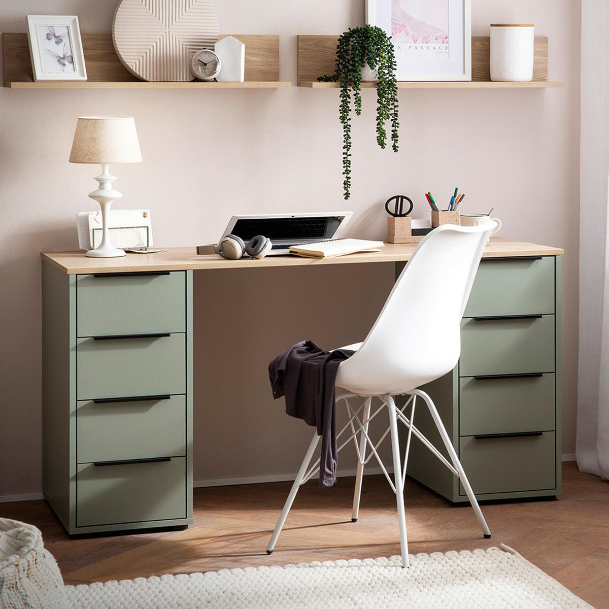 SCHREIBTISCH 55,5/140/73,1 cm  in Eichefarben, Olivgrün  - Eichefarben/Schwarz, MODERN, Holzwerkstoff/Metall (55,5/140/73,1cm) - MID.YOU