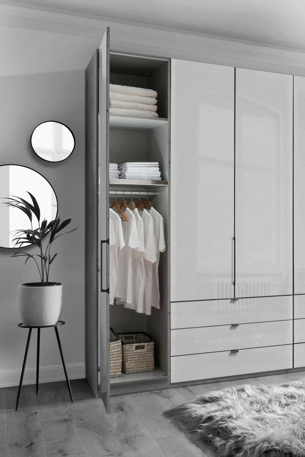 DREHTÜRENSCHRANK in Champagner, Eiche Bianco  - Schieferfarben/Eiche Bianco, Konventionell, Glas/Holzwerkstoff (250/216/58cm) - Dieter Knoll