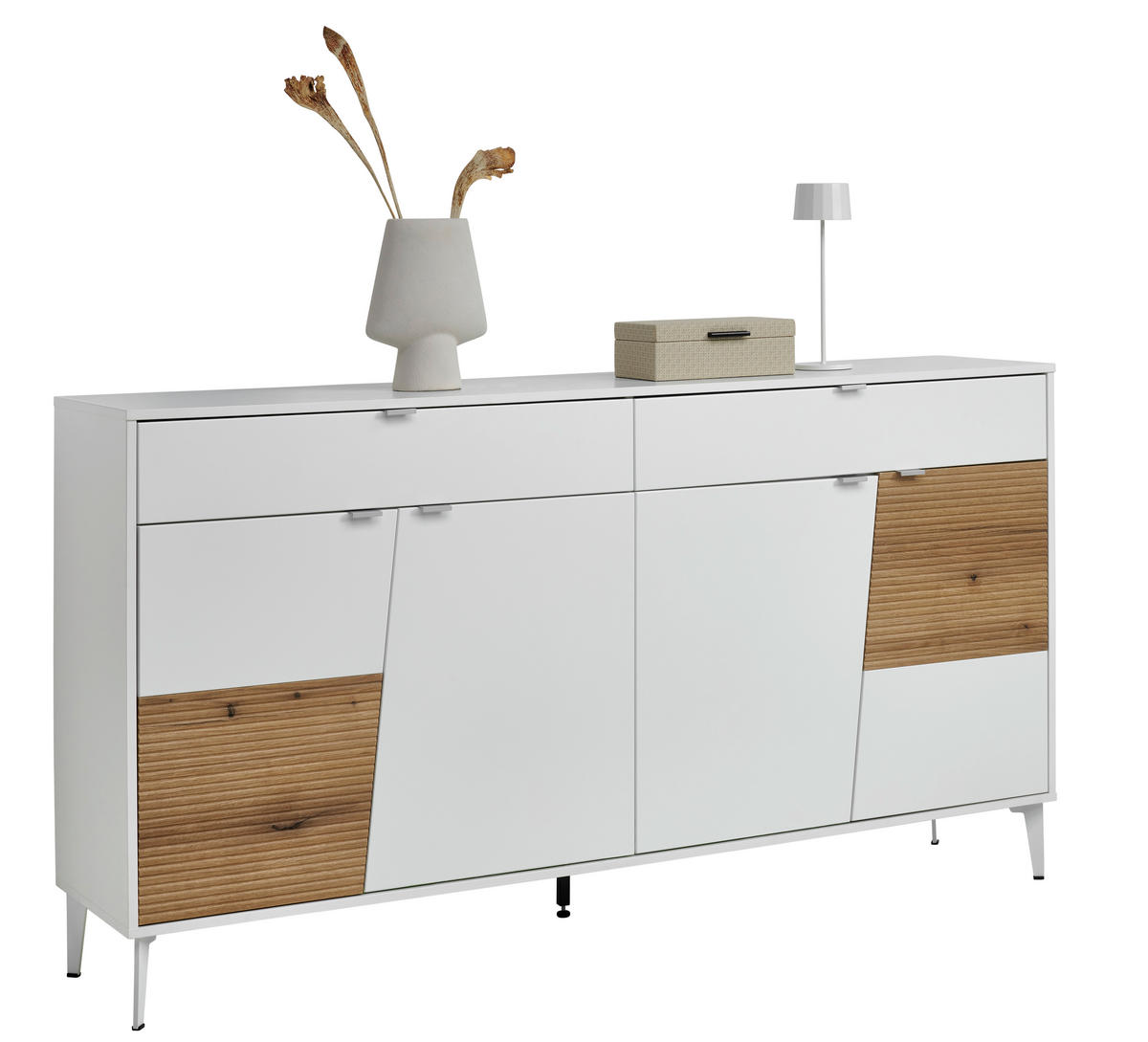SIDEBOARD Weiß, Eichefarben  182/98/40 cm  - Eichefarben/Silberfarben, KONVENTIONELL, Holzwerkstoff/Metall (182/98/40cm) - Stylife