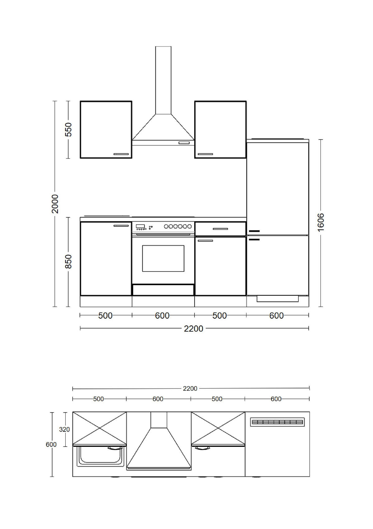 KÜCHENBLOCK 220 cm   in Schwarz, Eichefarben  - Eichefarben/Schwarz, MODERN, Holzwerkstoff/Metall (220cm) - FlexWell