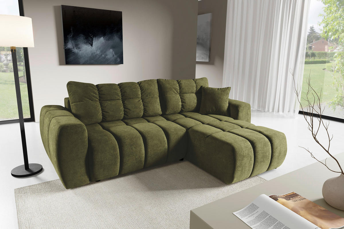 ECKSOFA FERANO Olivgrün Velours  - Schwarz/Olivgrün, Design, Kunststoff/Textil (253/172cm) - Livetastic