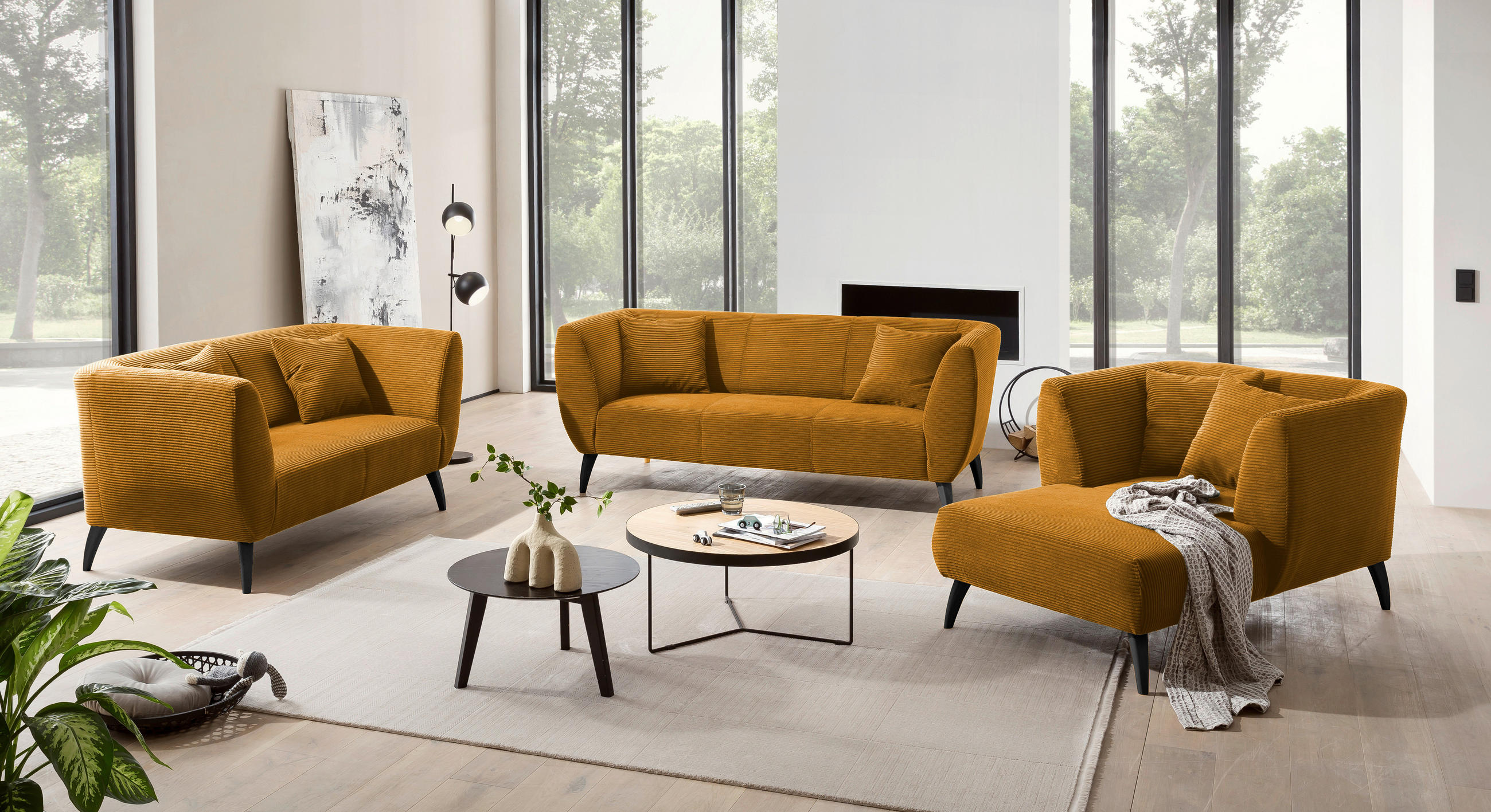 3-SITZER-SOFA in Cord Goldfarben - Goldfarben/Schwarz, Modern, Holz/Textil (208/83/88cm) - MID.YOU