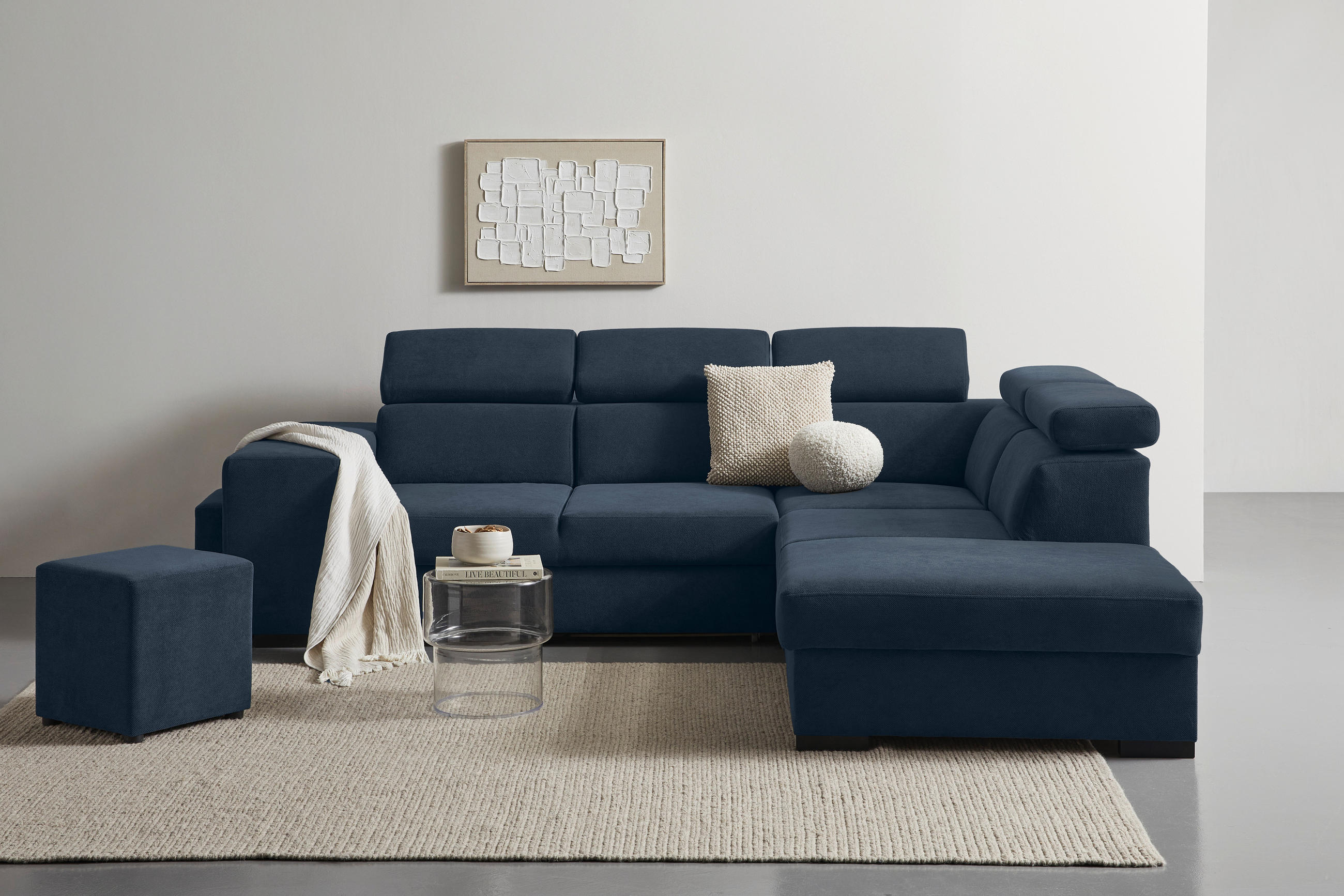 Thumbnail - Carryhome Ecksofa, Dunkelblau, Textil, Buche, massiv, 4-Sitzer, Ottomane rechts, L-Form, 283x244 cm, Liegefunktion, seit...