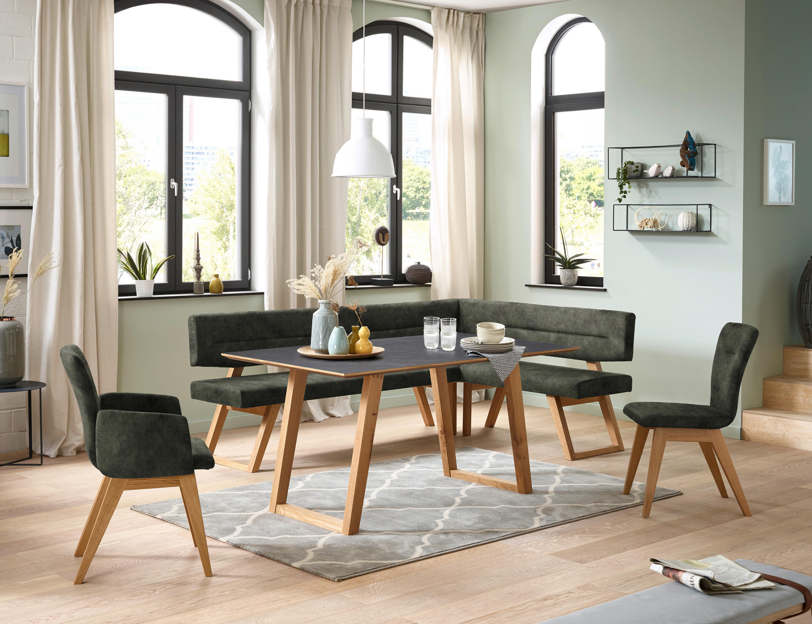 ECKBANK 225/155 cm  in Dunkelgrün  - Dunkelgrün/Eichefarben, KONVENTIONELL, Holz/Textil (225/155cm) - Dieter Knoll