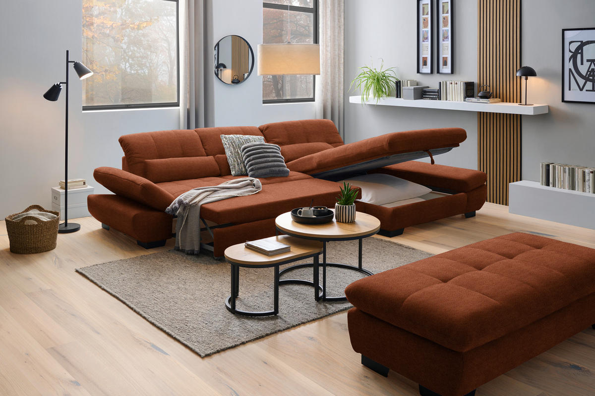 ECKSOFA  in Flachgewebe Rostfarben  341/204 cm  - Rostfarben/Schwarz, Design, Textil/Metall (341/204cm) - Xora