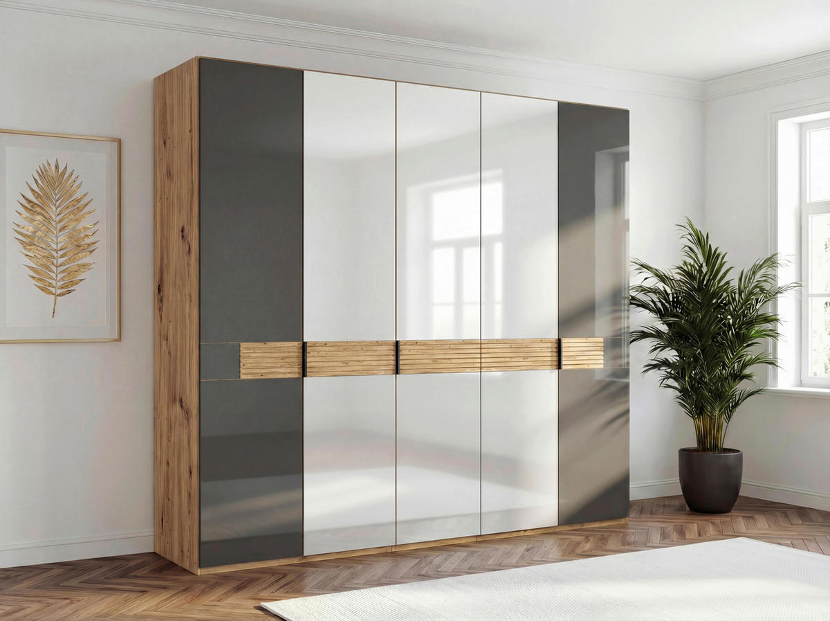 DREHTÜRENSCHRANK 250/216/58 cm,  in Eichefarben, Dunkelbraun, 5 Tür(en)  - Schieferfarben/Eichefarben, Design, Glas/Holz (250/216/58cm) - Musterring