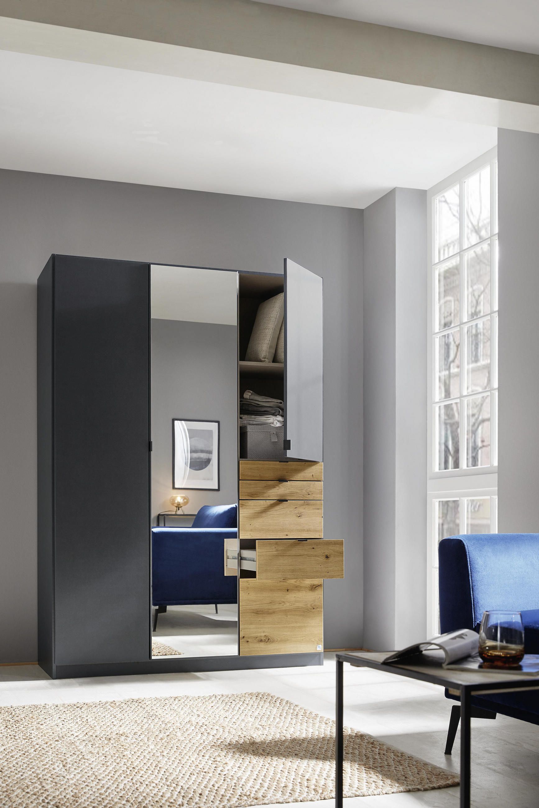 DREHTÜRENSCHRANK 136/197/54 cm 3-türig  - Dunkelgrau/Eichefarben, MODERN, Holzwerkstoff (136/197/54cm) - Rauch Möbel
