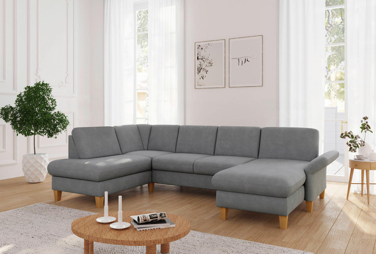 WOHNLANDSCHAFT Flachgewebe Grau  - Eichefarben/Grau, Konventionell, Holz/Textil (195/314/164cm) - Sit & More