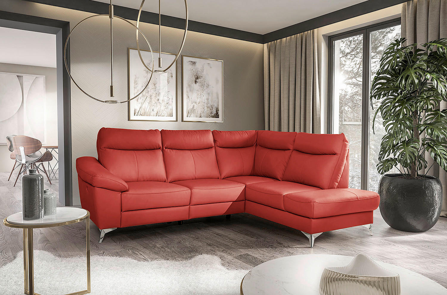 ECKSOFA Rot Echtleder Lederlook Bettkasten, Rücken echt, Relaxfunktion  - Chromfarben/Rot, Design, Leder/Textil (242/194cm) - Livetastic