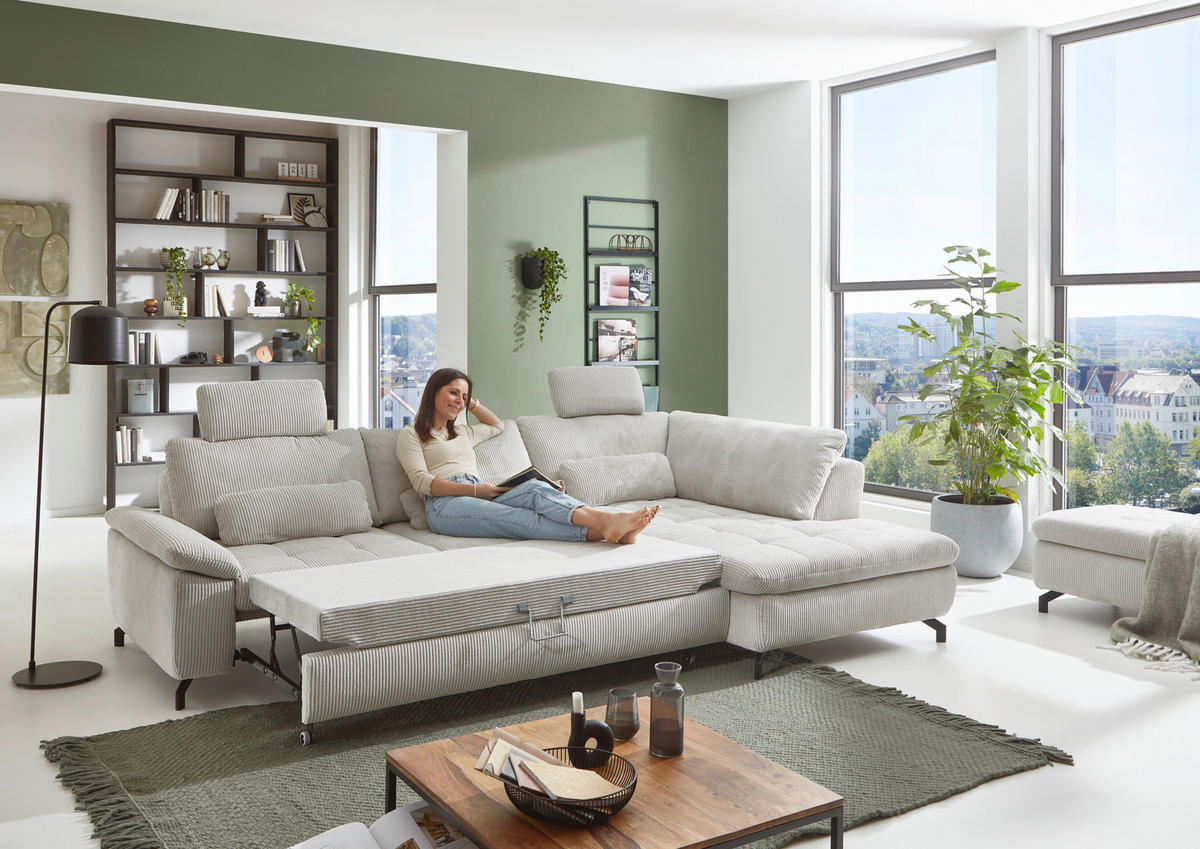 ECKSOFA in Cord, Velours Ecru  - Ecru/Schwarz, Design, Textil/Metall (197/291cm) - Beldomo Style