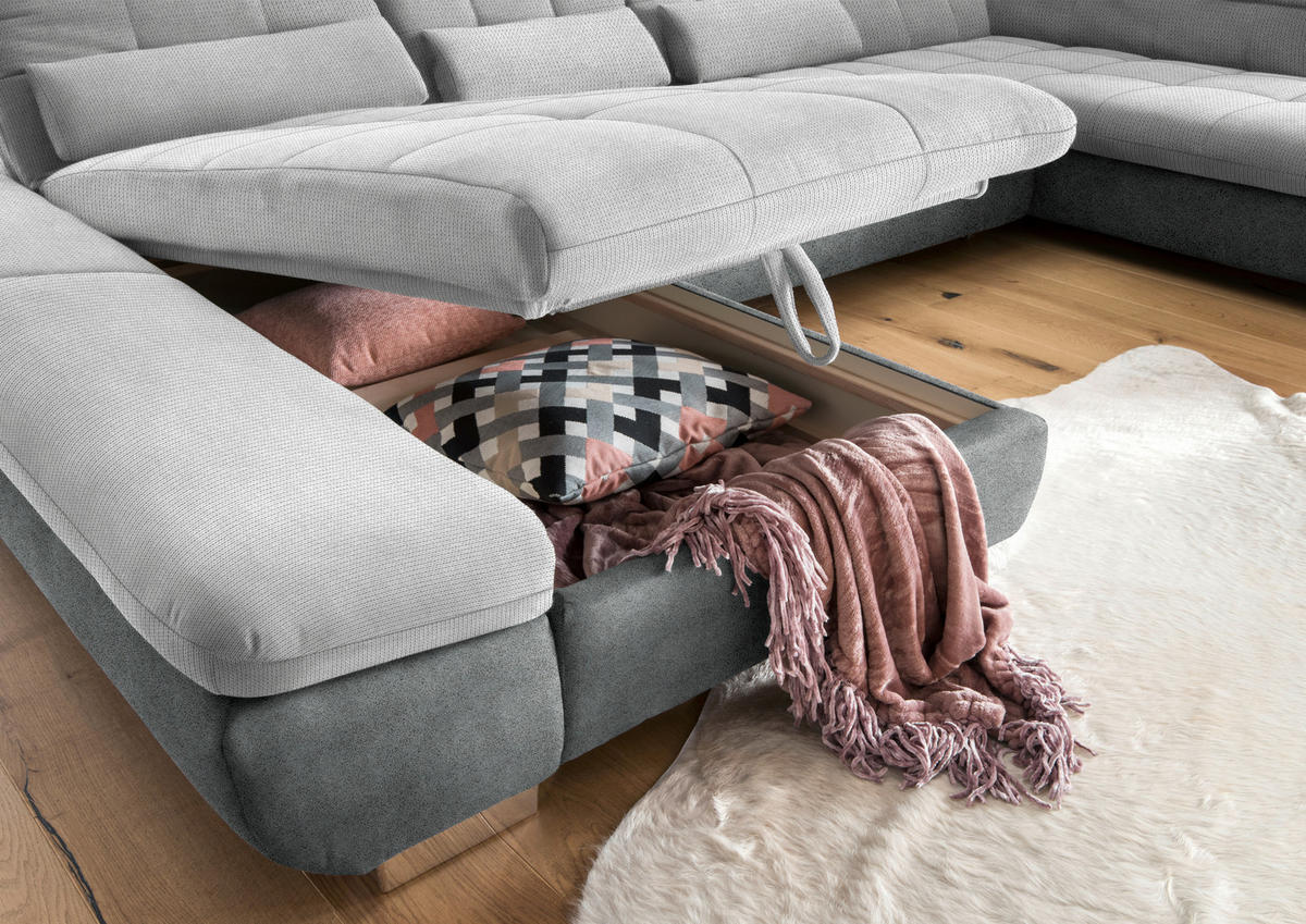 WOHNLANDSCHAFT in Mikrofaser Hellgrau  - Chromfarben/Hellgrau, Design, Kunststoff/Textil (204/350/211cm) - Xora