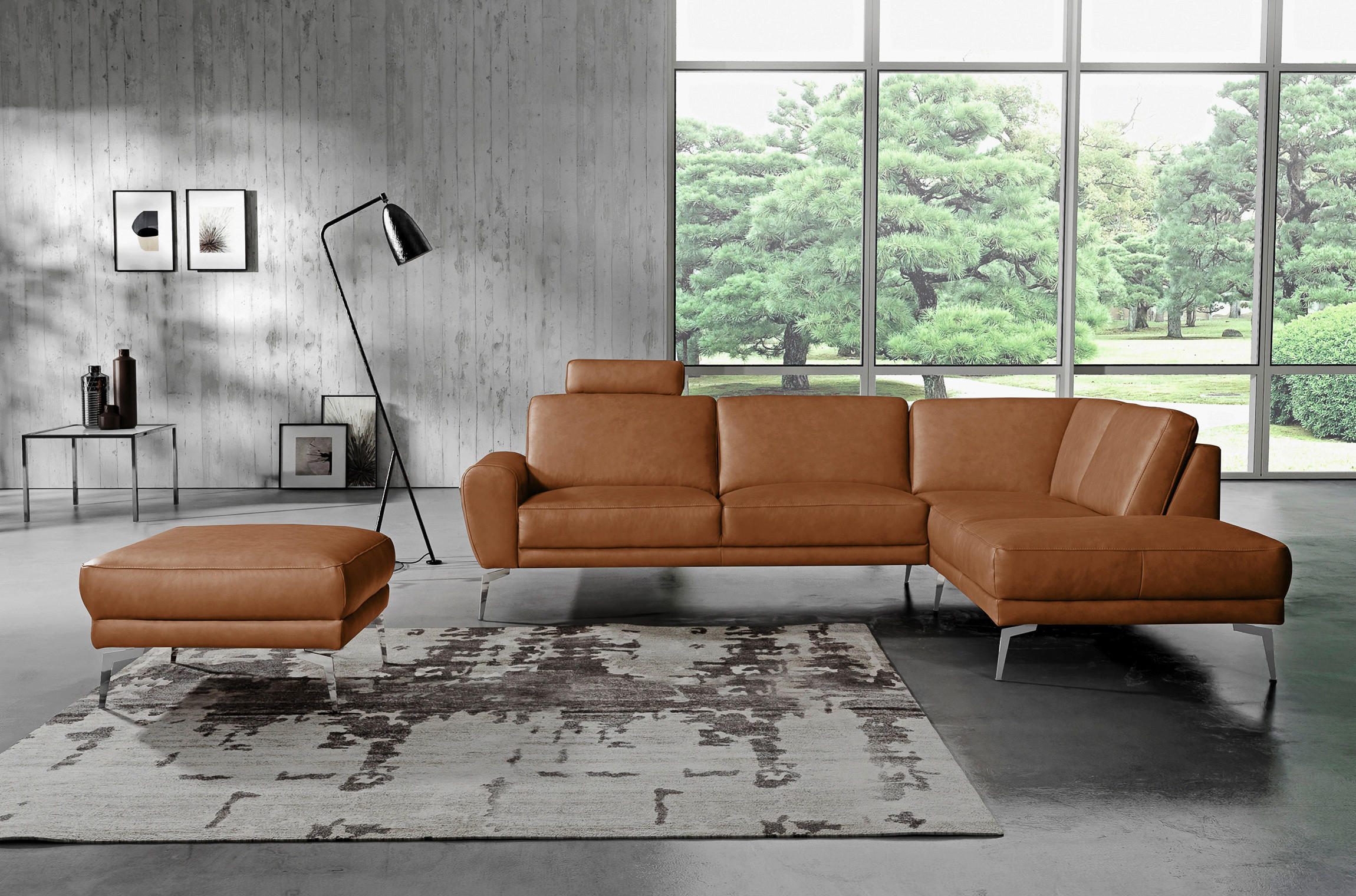P & B Ecksofa Spring Chrom, Cognac 273x250 cm