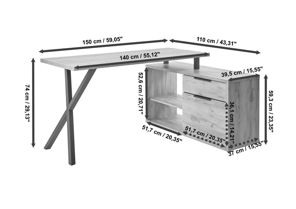 ECKSCHREIBTISCH 150/110/74 cm  in Schwarz, Eichefarben  - Eichefarben/Schwarz, MODERN, Holzwerkstoff/Metall (150/110/74cm) - MID.YOU