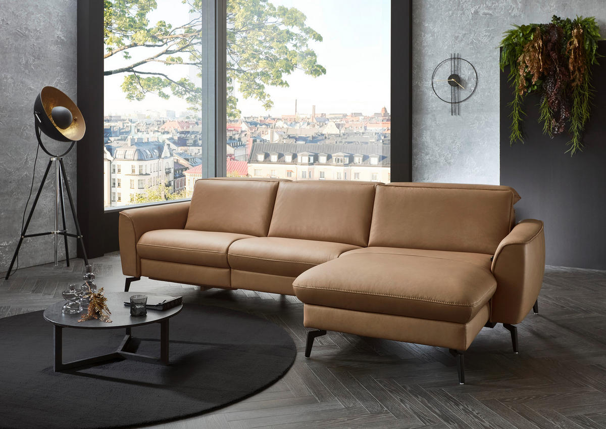ECKSOFA in Echtleder Haselnussfarben  - Schwarz/Haselnussfarben, Natur, Leder/Metall (281/168cm) - Valdera