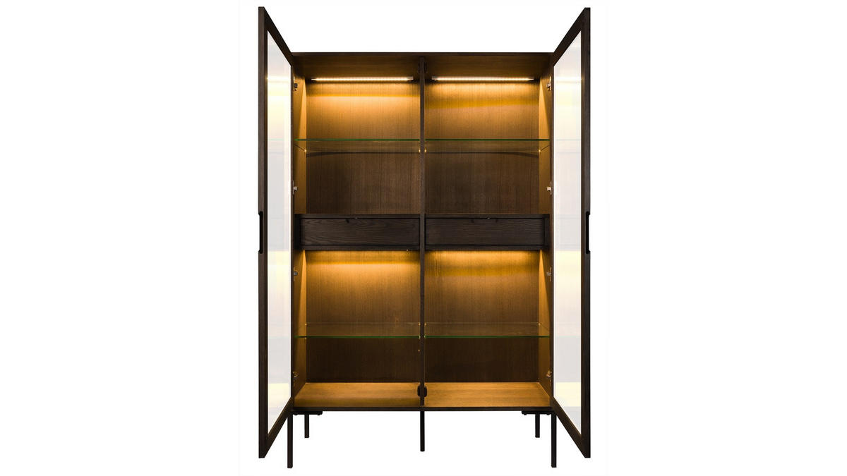 VITRINSKÅP  i delar i massivt trä, faner ek mörkbrun  - svart/mörkbrun, Design, metall/glas (120/180,5/40cm) - Best Price