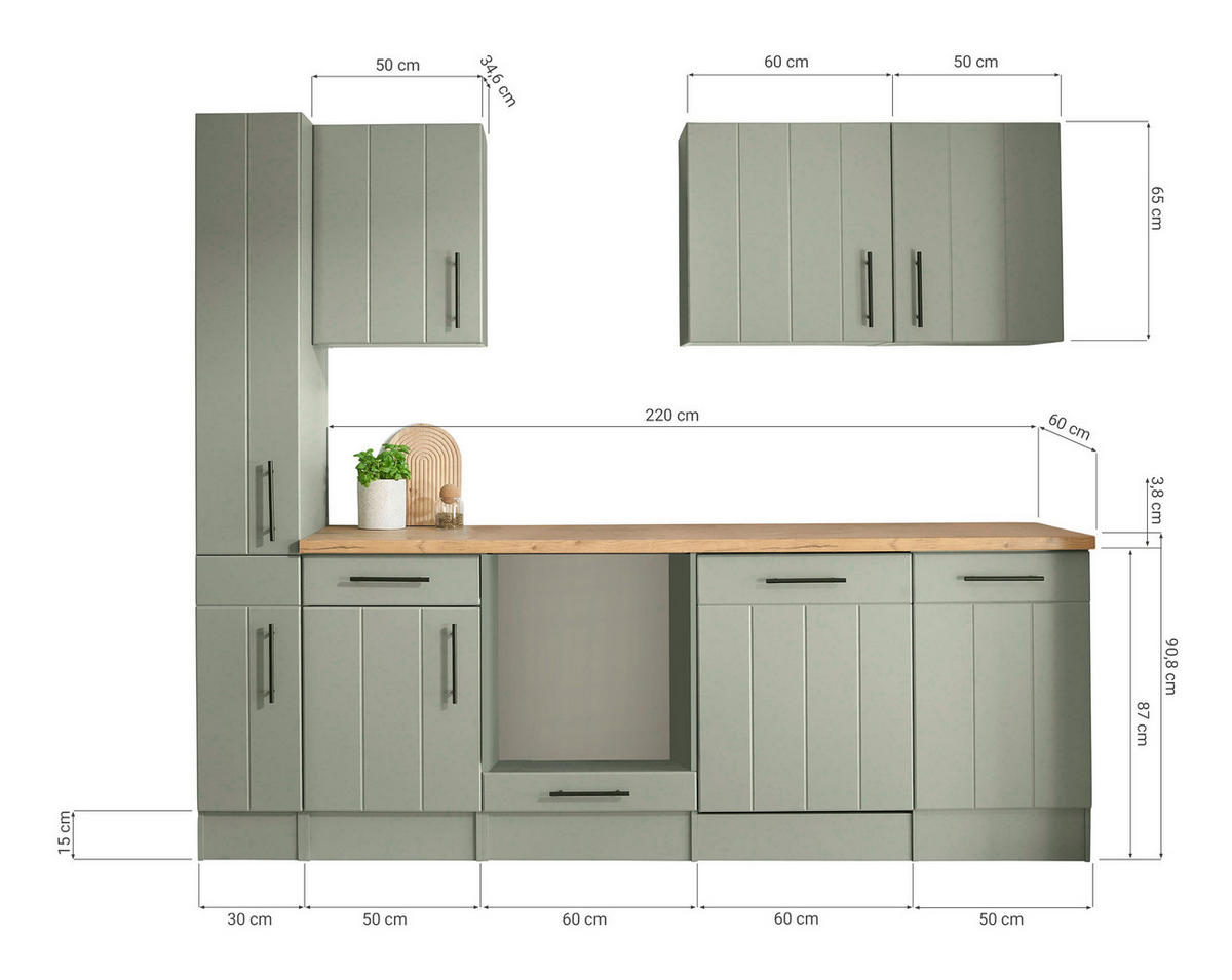 KÜCHENLEERBLOCK 250 cm   in Wildeiche, Schilfgrün  - Schilfgrün/Wildeiche, Trend, Holzwerkstoff/Metall (250cm) - Respekta
