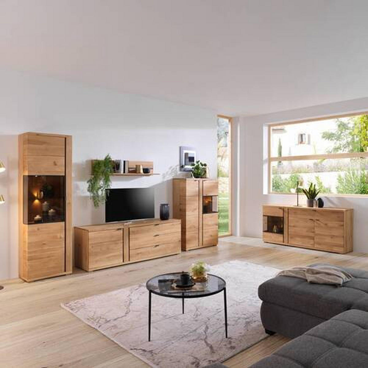 WOHNWAND  in Schwarz, Eichefarben 360/195,5/46.5 cm  - Eichefarben/Anthrazit, Natur, Glas/Holz (360/195,5/46.5cm) - Linea Natura