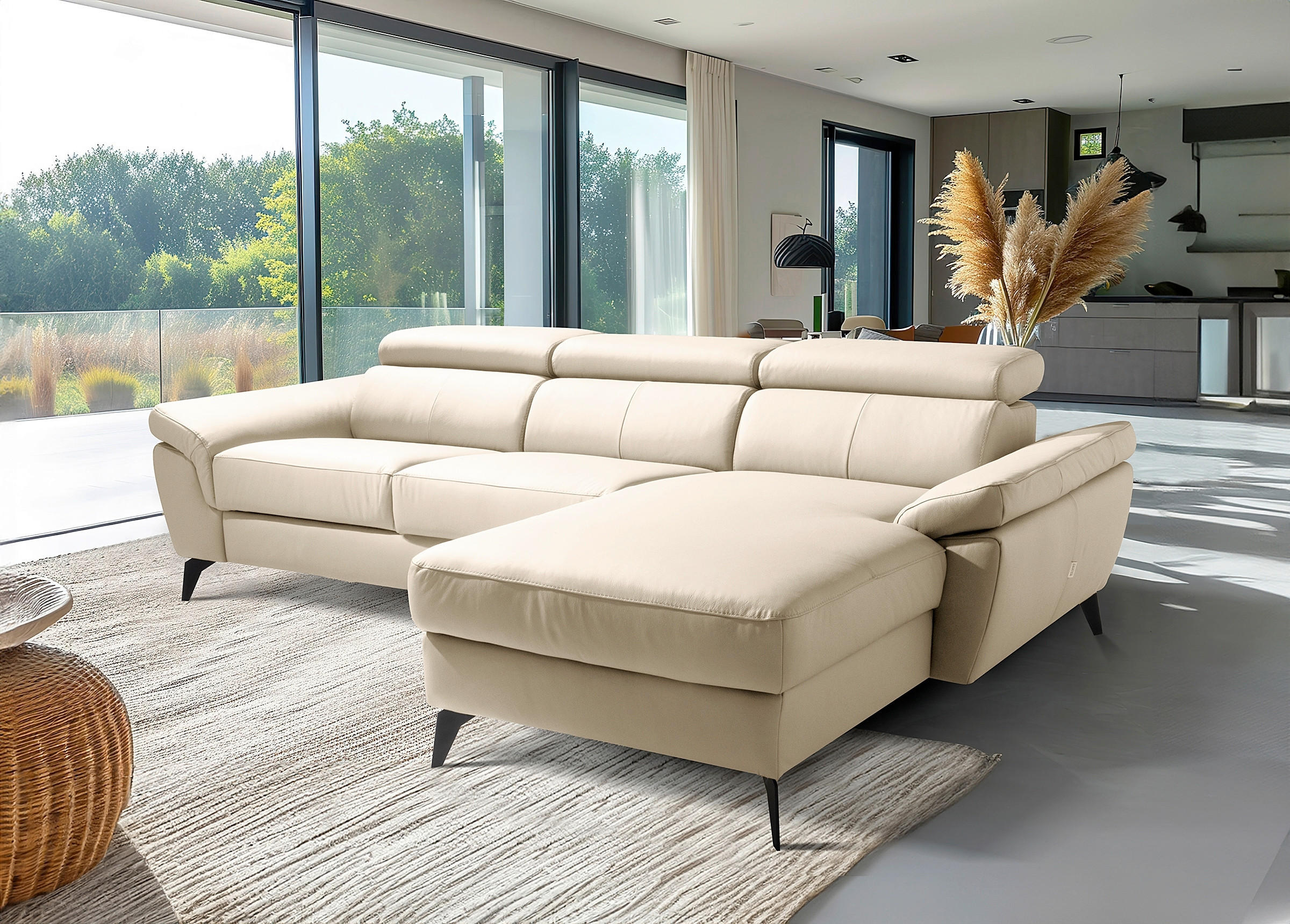 ECKSOFA SONO in Lederlook Echtleder Grau Bettkasten, Armteilverstellung, Kopfteilverstellung  252/179 cm  - Schwarz/Grau, Design, Leder/Textil (252/179cm) - Livetastic