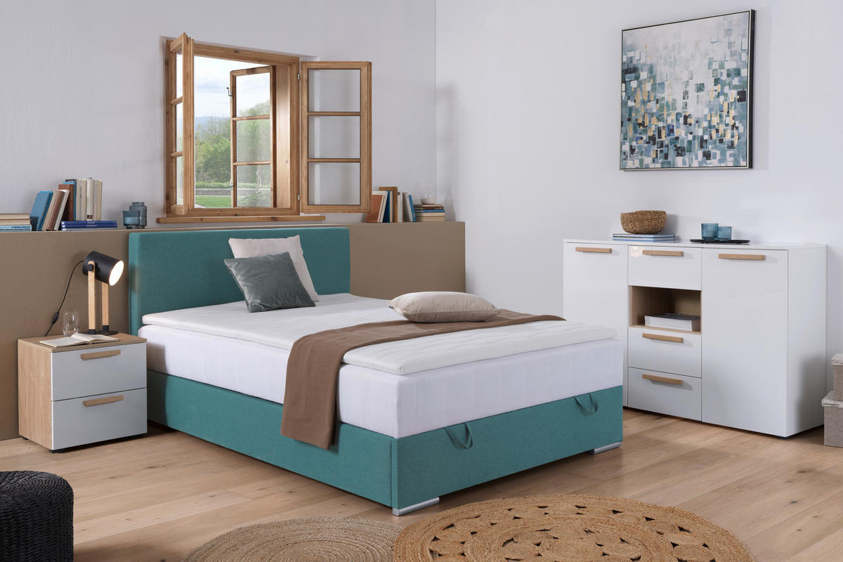 BOXBETT 90/200 cm,  in Petrol, Matratze, Bettkasten, Topper, H3 = fest  - Chromfarben/Petrol, KONVENTIONELL, Kunststoff/Textil (90/200cm) - Boxxx