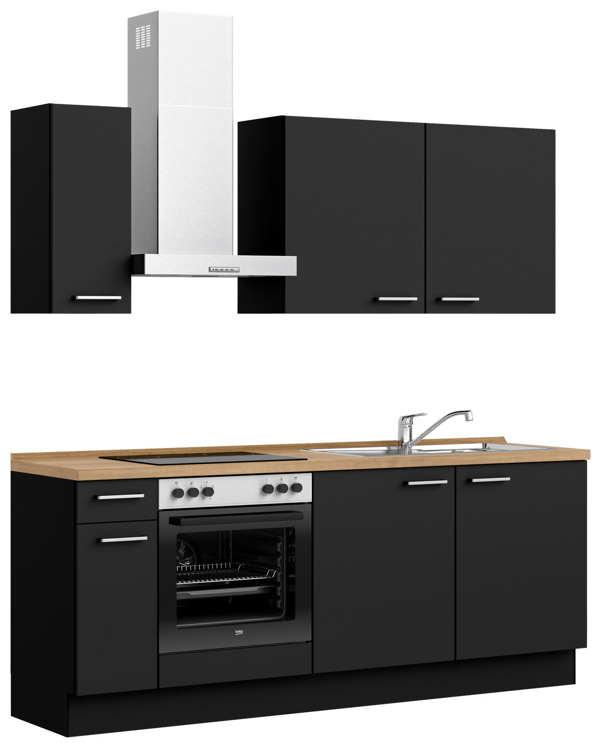 KÜCHENBLOCK Touch 210 cm  in Schwarz, Eichefarben  - Edelstahlfarben/Eichefarben, MODERN, Holzwerkstoff/Metall (210cm) - Nobilia