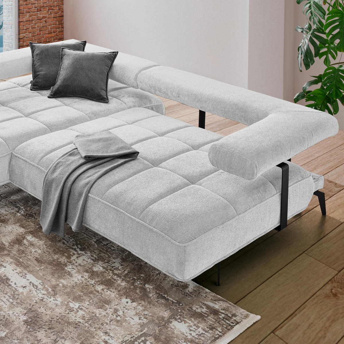 ECKSOFA Hellgrau Webstoff  - Hellgrau/Schwarz, Design, Textil/Metall (180/266cm) - Welnova