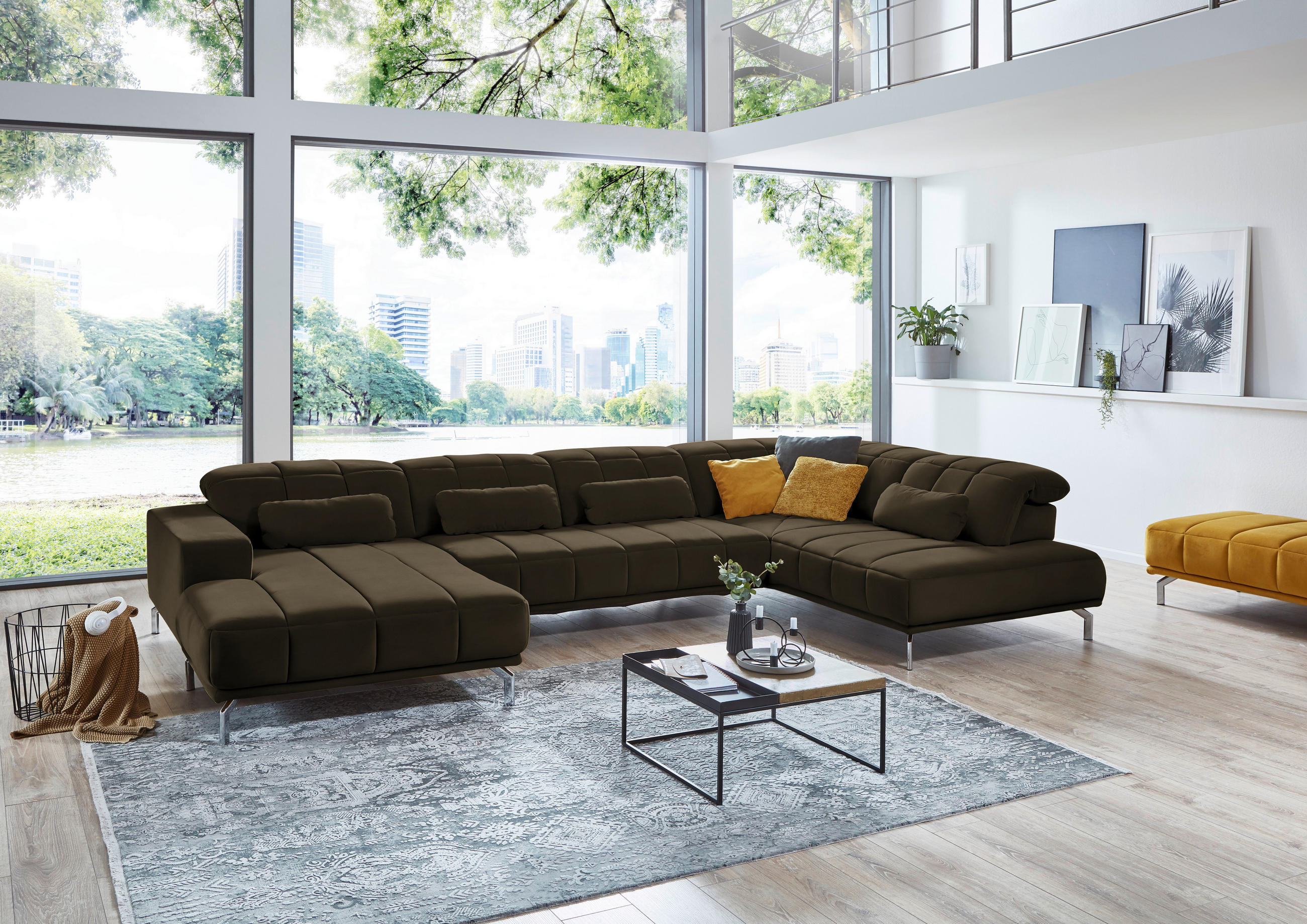 WOHNLANDSCHAFT Graubraun Velours  - Graubraun/Schwarz, Design, Textil/Metall (195/383/219cm) - Beldomo Style
