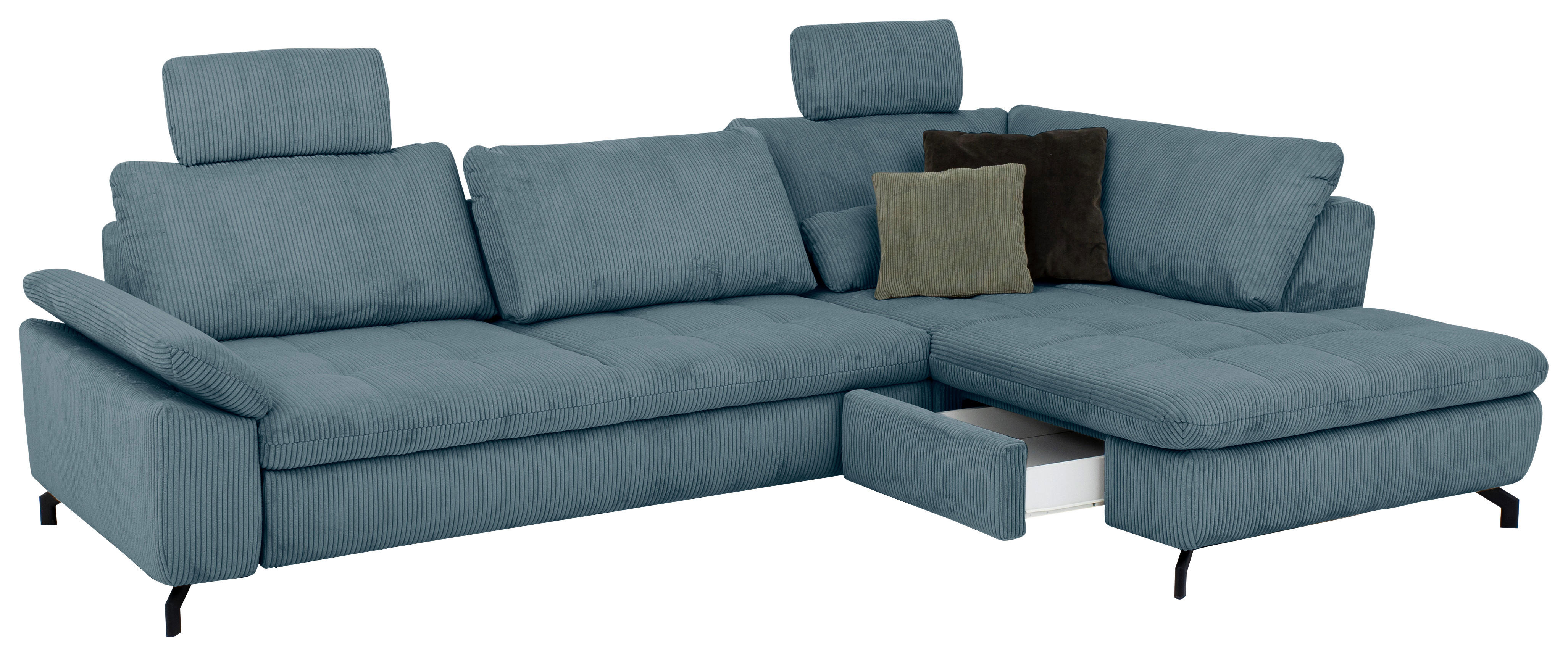 ECKSOFA inkl. Funktionen Sense Petrol Cord, Velours  - Petrol/Schwarz, Design, Textil/Metall (291/197cm) - Beldomo Style
