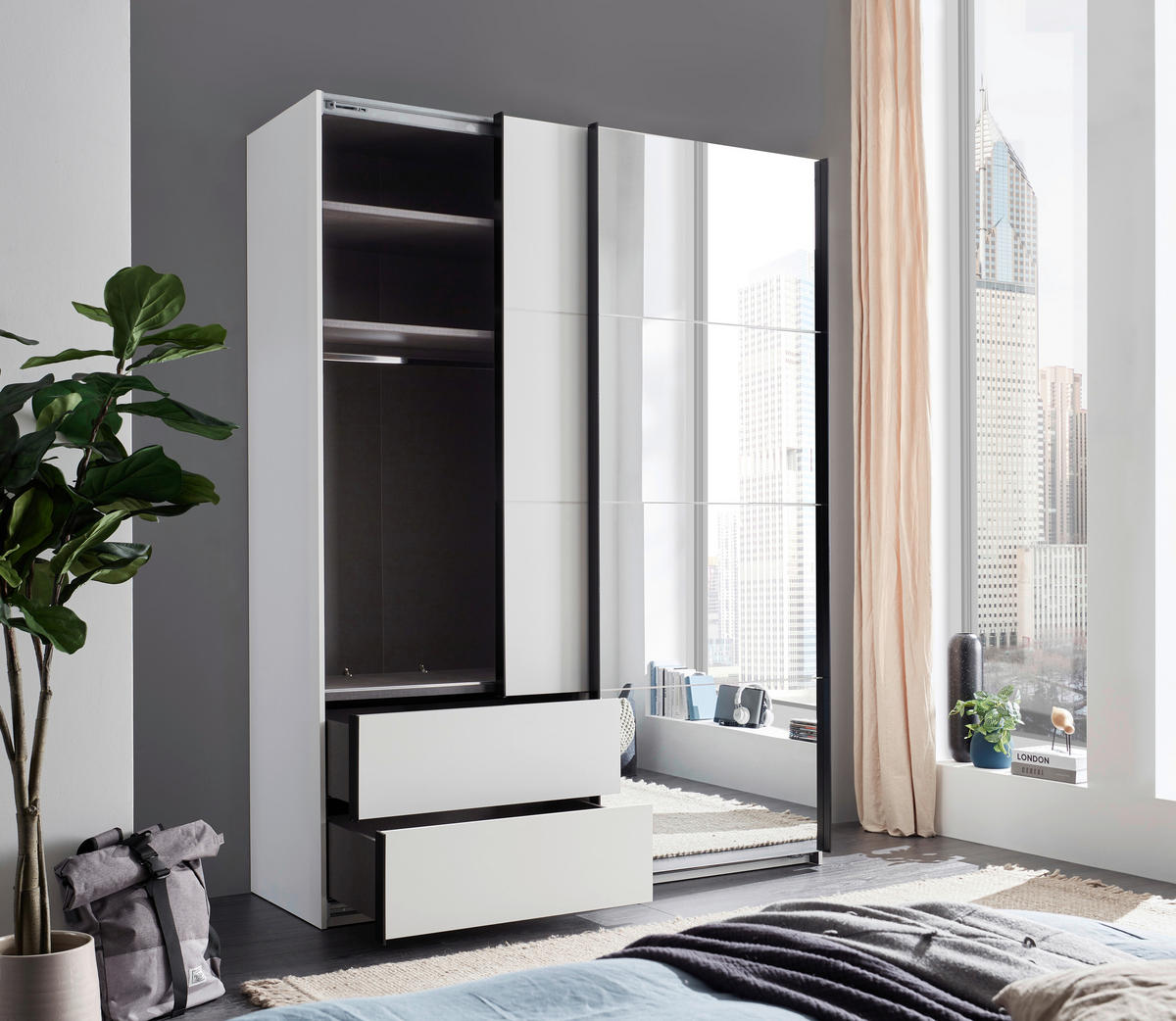 SCHWEBETÜRENSCHRANK 170/225,5/60 cm 2-türig Weiß, Schwarz  - Schwarz/Weiß, KONVENTIONELL, Glas/Holzwerkstoff (170/225,5/60cm) - Xora