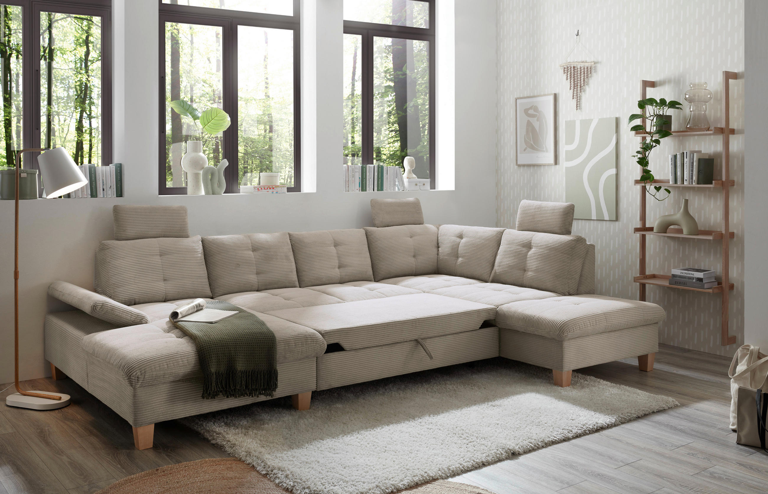 Thumbnail - Mid.you Wohnlandschaft, Grau, Textil, Eiche, vollmassiv, 5-Sitzer, Ottomane rechts, U-Form, 324x220 cm, Made in EU, Rück...