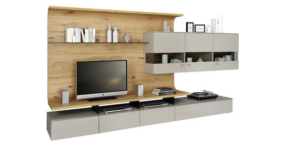 WOHNWAND 357,5/186,8/41,2-55,7 cm in Grau, Eichefarben - Edelstahlfarben/Eichefarben, Design, Glas/Holz (357,5/186,8/41,2-55,7cm) - Moderano