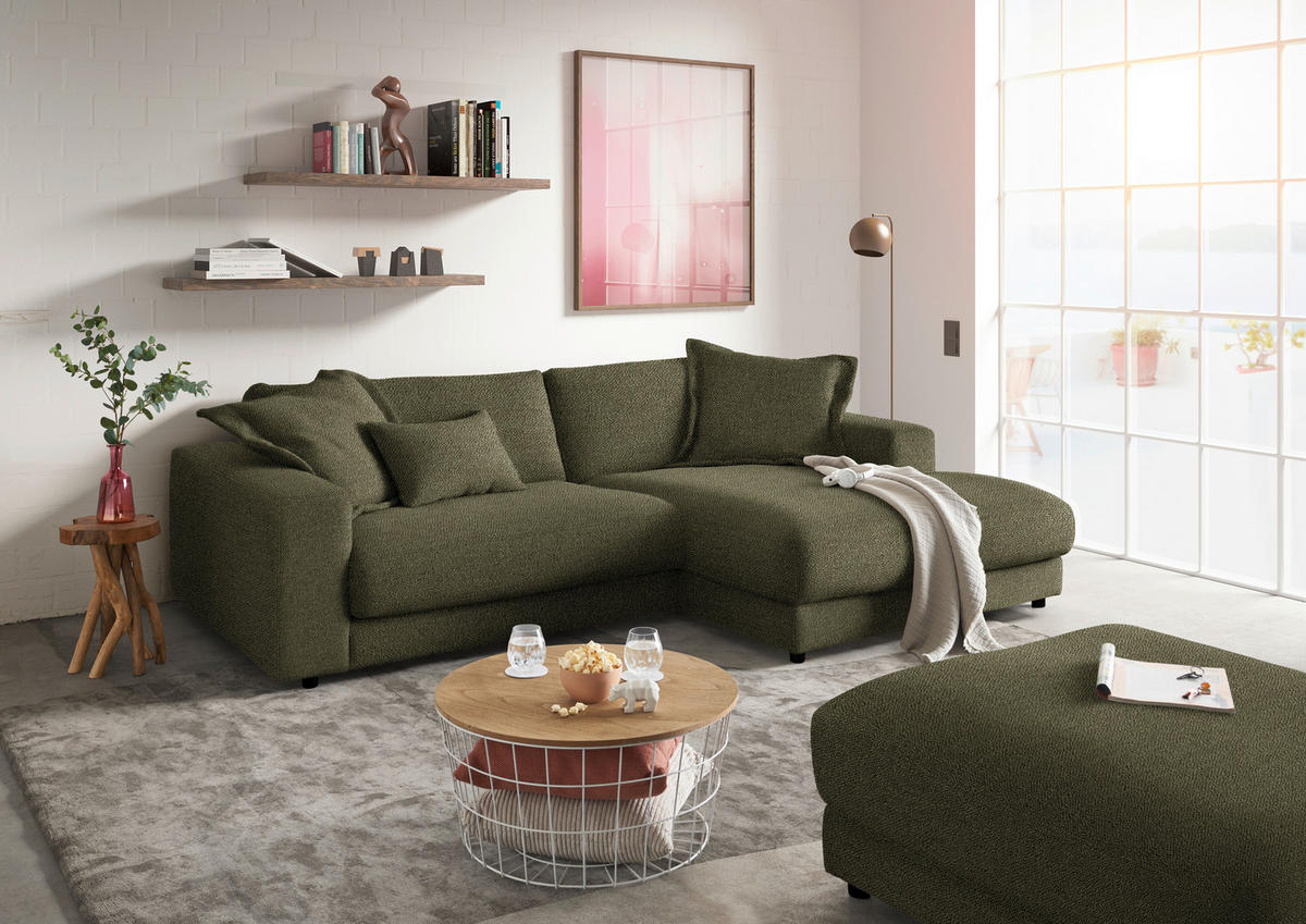 ECKSOFA in Flachgewebe Olivgrün  - Schwarz/Olivgrün, Design, Kunststoff/Textil (270/190cm) - Lomoco