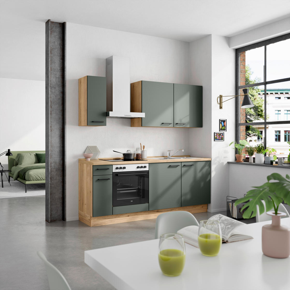 KÜCHENBLOCK Easytouch 210 cm  in Eichefarben, Dunkelgrün  - Dunkelgrün/Eichefarben, MODERN, Holzwerkstoff/Metall (210cm) - Nobilia