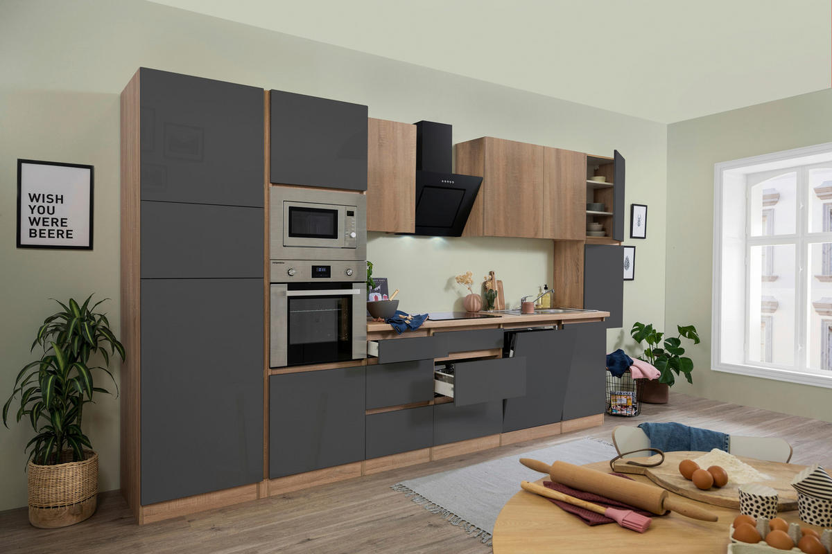 MODULKÖK 395 cm   i grå, ekfärgad  - grå/ekfärgad, Basics, trämaterial (395cm) - Respekta