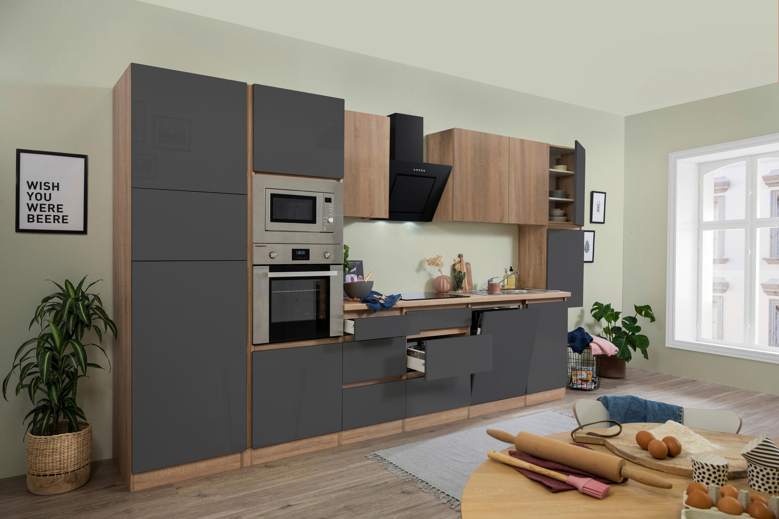 Küchenzeile Premium Mit Geräten 395 Cm Grau/eiche Dekor