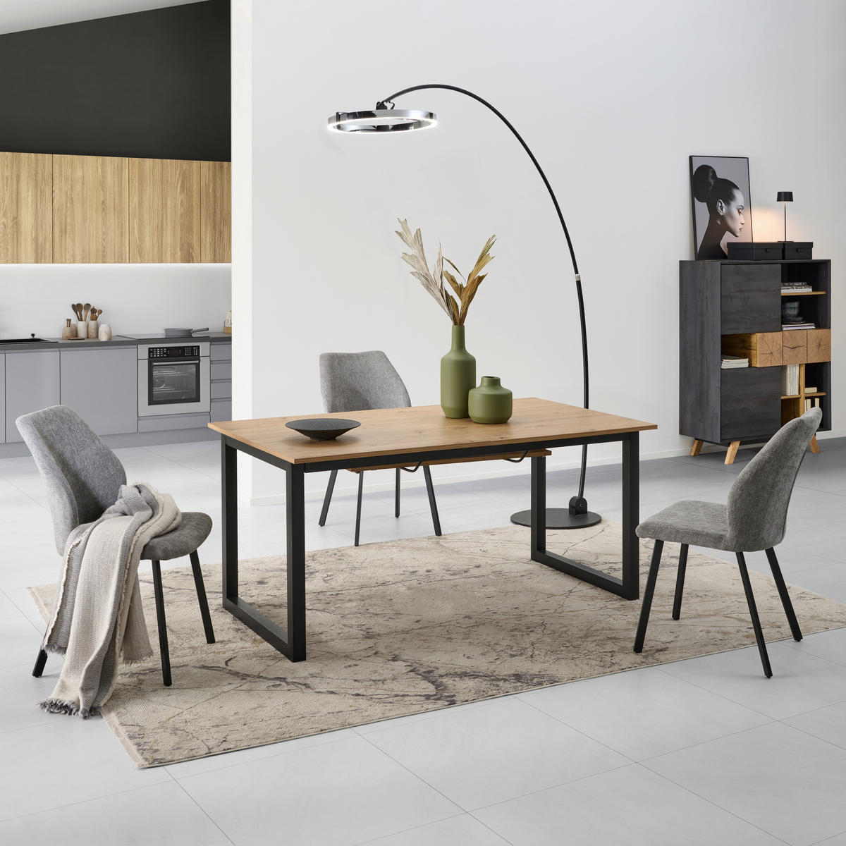 ESSTISCH in Metall, Holzwerkstoff 160-200/90/76 cm  - Schwarz/Eiche Artisan, KONVENTIONELL, Holzwerkstoff/Metall (160-200/90/76cm) - MID.YOU