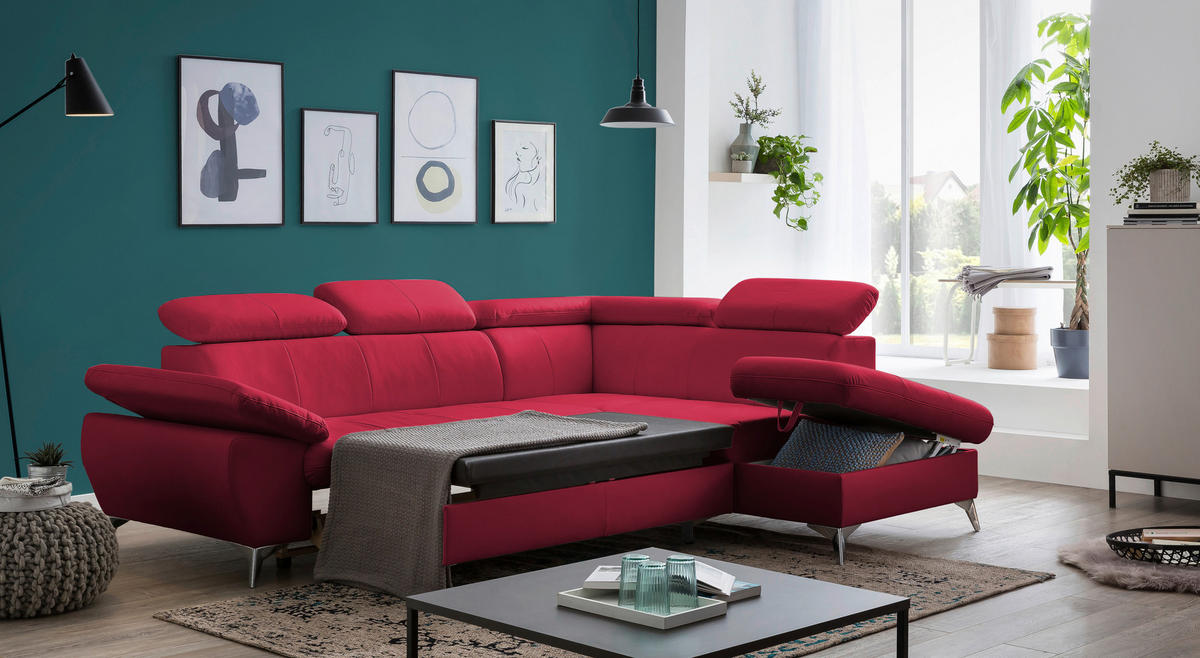 ECKSOFA Rot Lederlook  - Chromfarben/Rot, KONVENTIONELL, Textil/Metall (256/209cm) - Livetastic