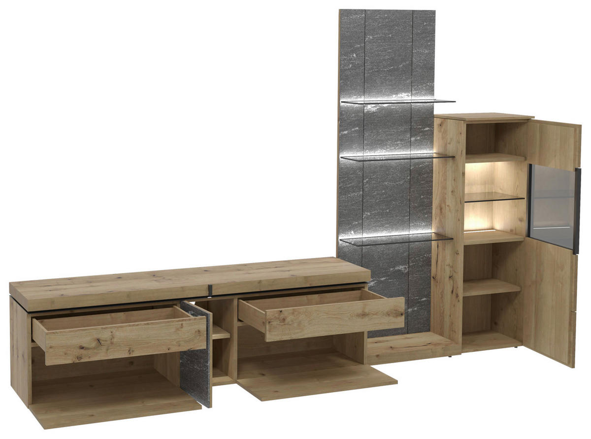 WOHNWAND 3-teilig  in Grau, Alteiche  304/202/43 cm  - Alteiche/Schwarz, Design, Glas/Holz (304/202/43cm) - Voglauer