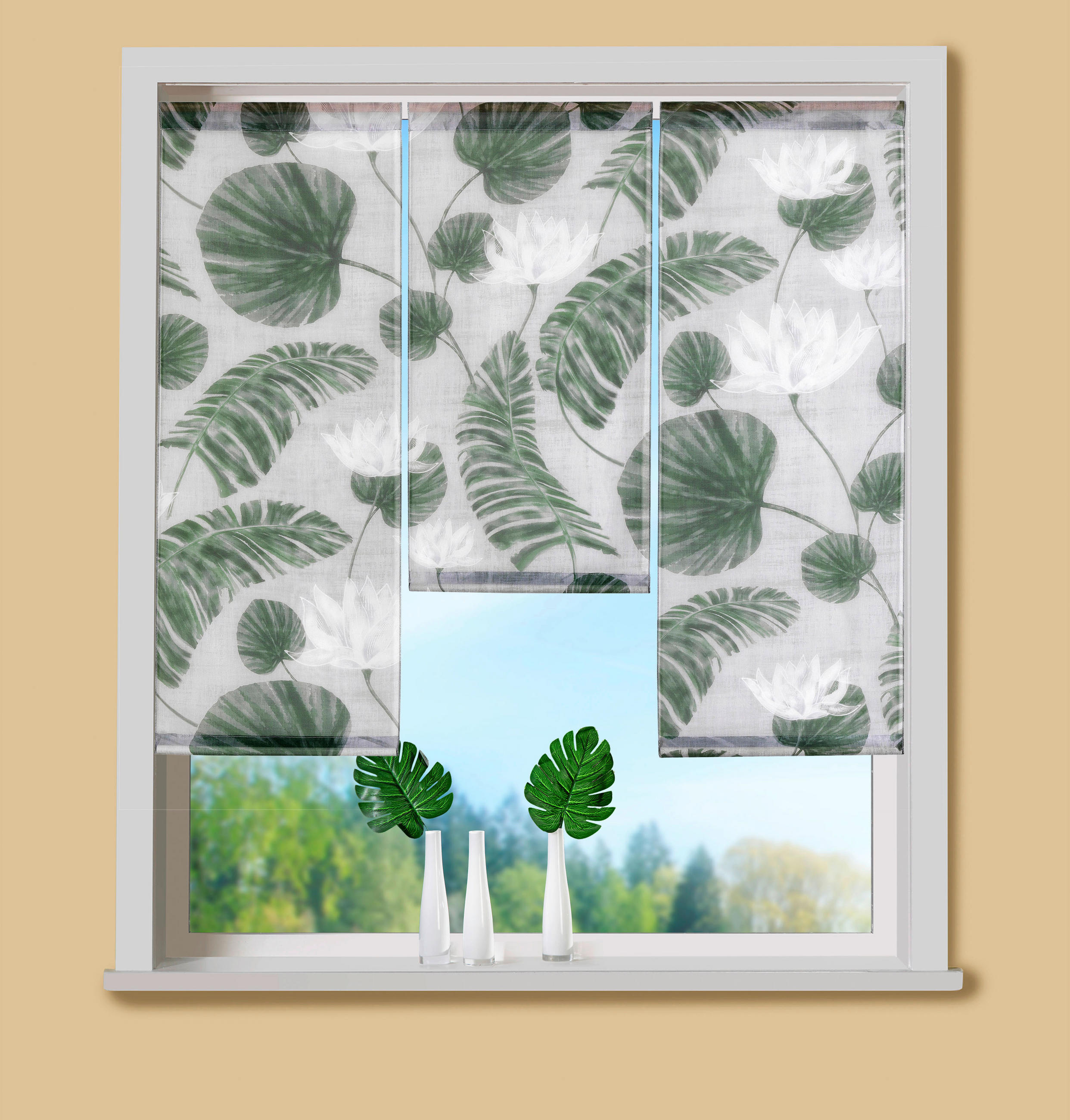 KURZGARDINE 3ER SET   90/80 cm   - Dunkelgrün/Weiß, Natur, Textil (90/80cm)