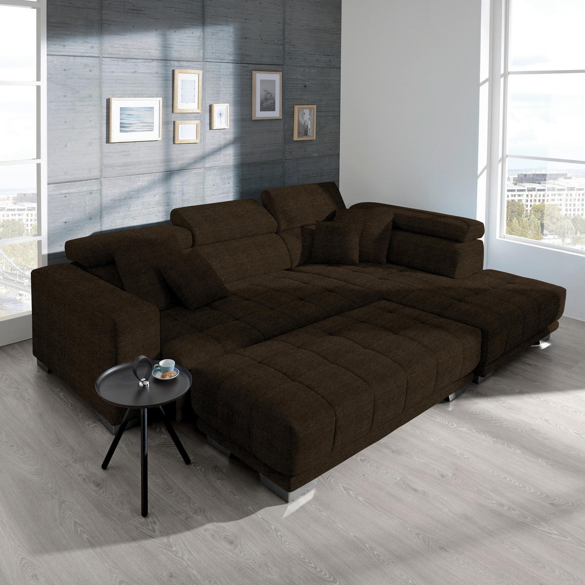 ECKSOFA in Mikrofaser Dunkelbraun  - Chromfarben/Dunkelbraun, Design, Textil/Metall (301/207cm) - Xora