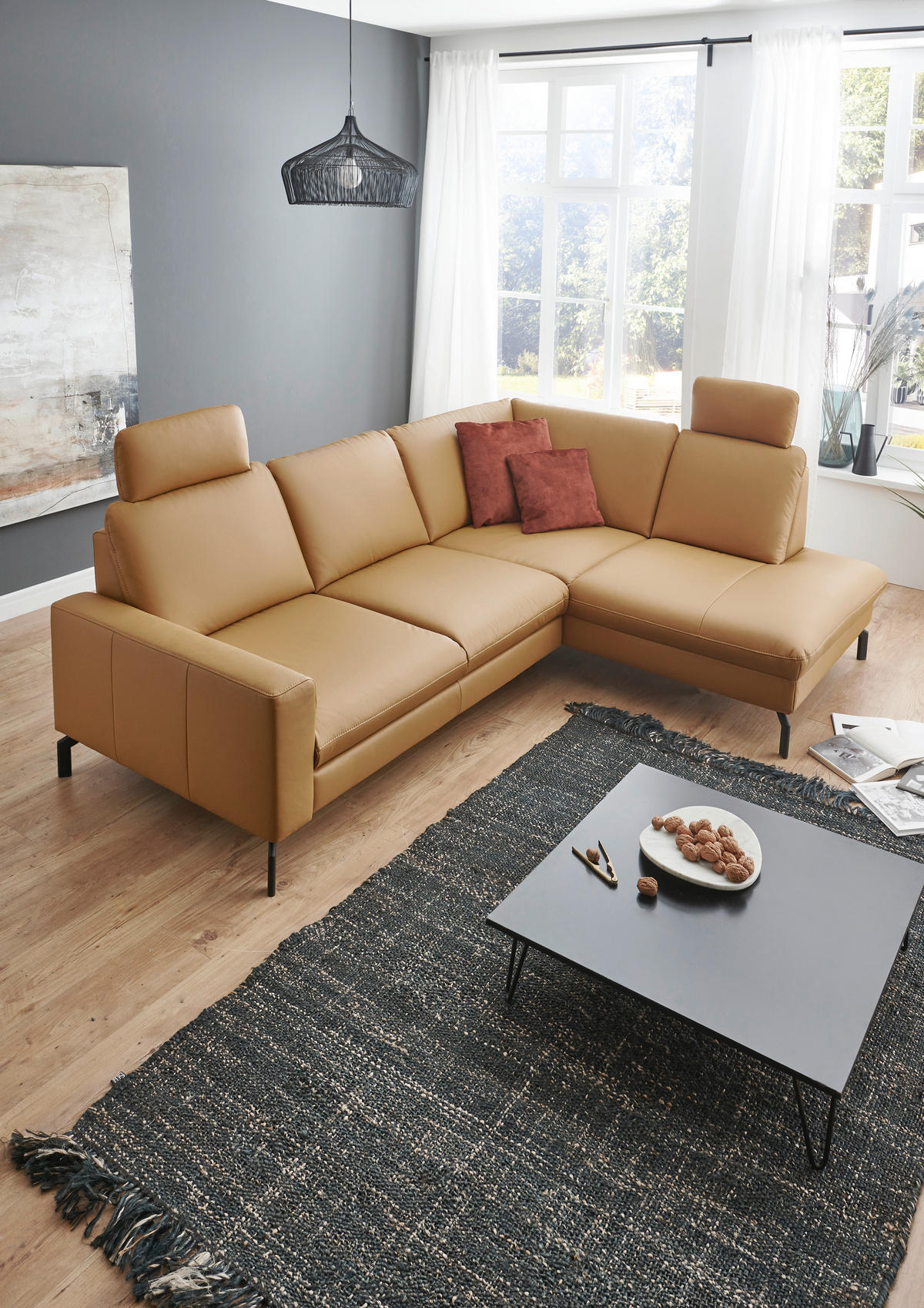 ECKSOFA in Echtleder Currygelb  - Currygelb/Schwarz, Design, Leder/Metall (194/250cm) - Beldomo Premium
