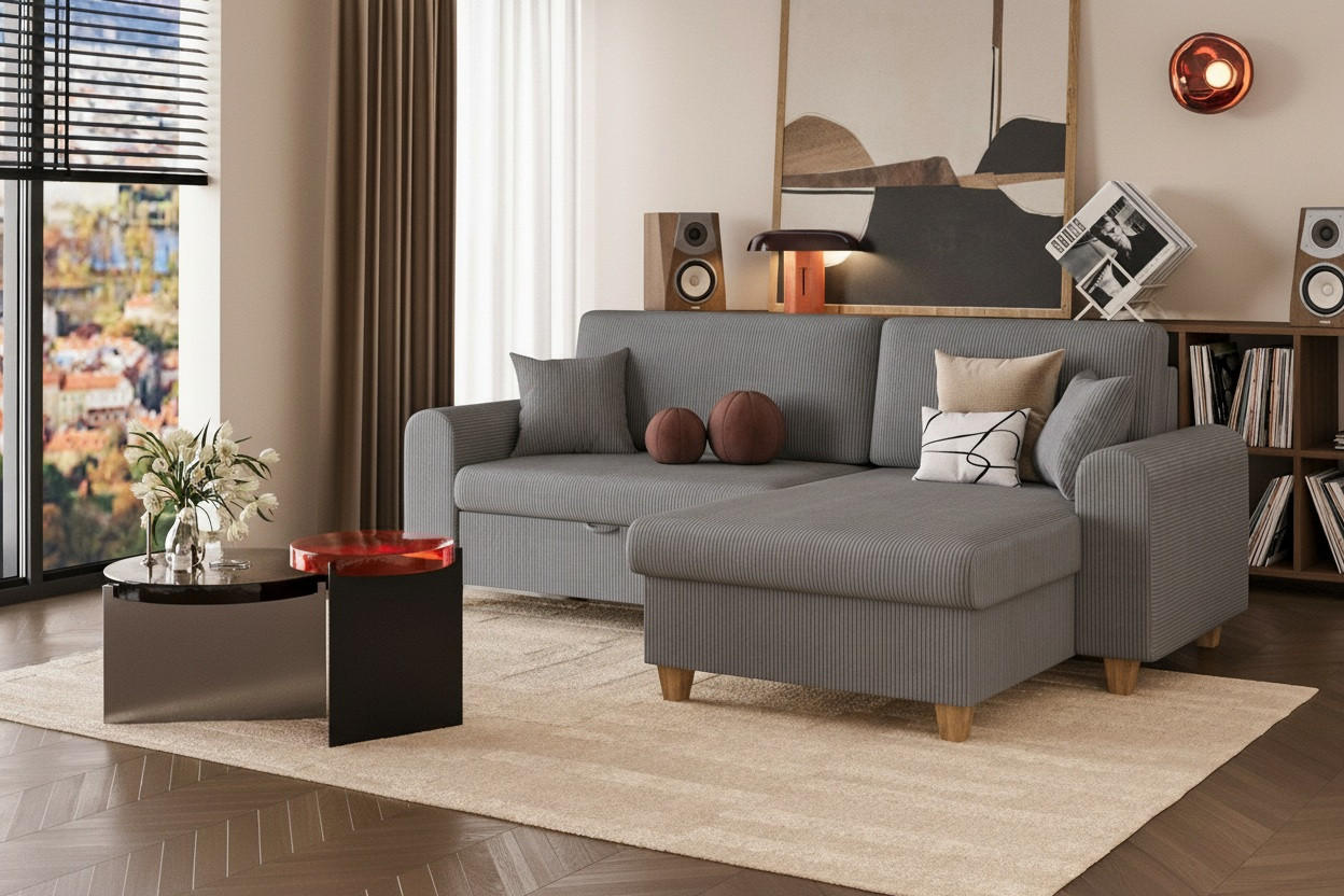 ECKSOFA CORD Grau Velours  - Beige/Buchefarben, Design, Holz/Textil (237/124cm) - MID.YOU