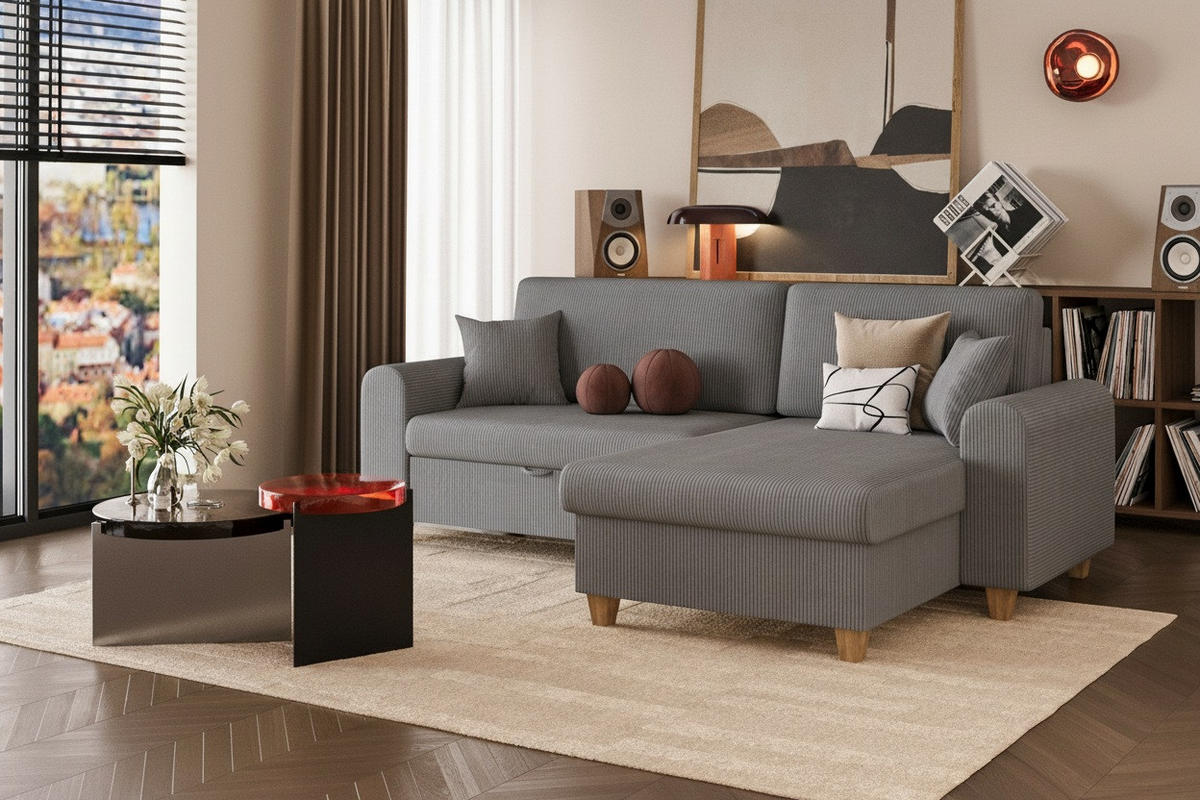 ECKSOFA CORD Grau Velours  - Beige/Buchefarben, Design, Holz/Textil (237/124cm) - MID.YOU