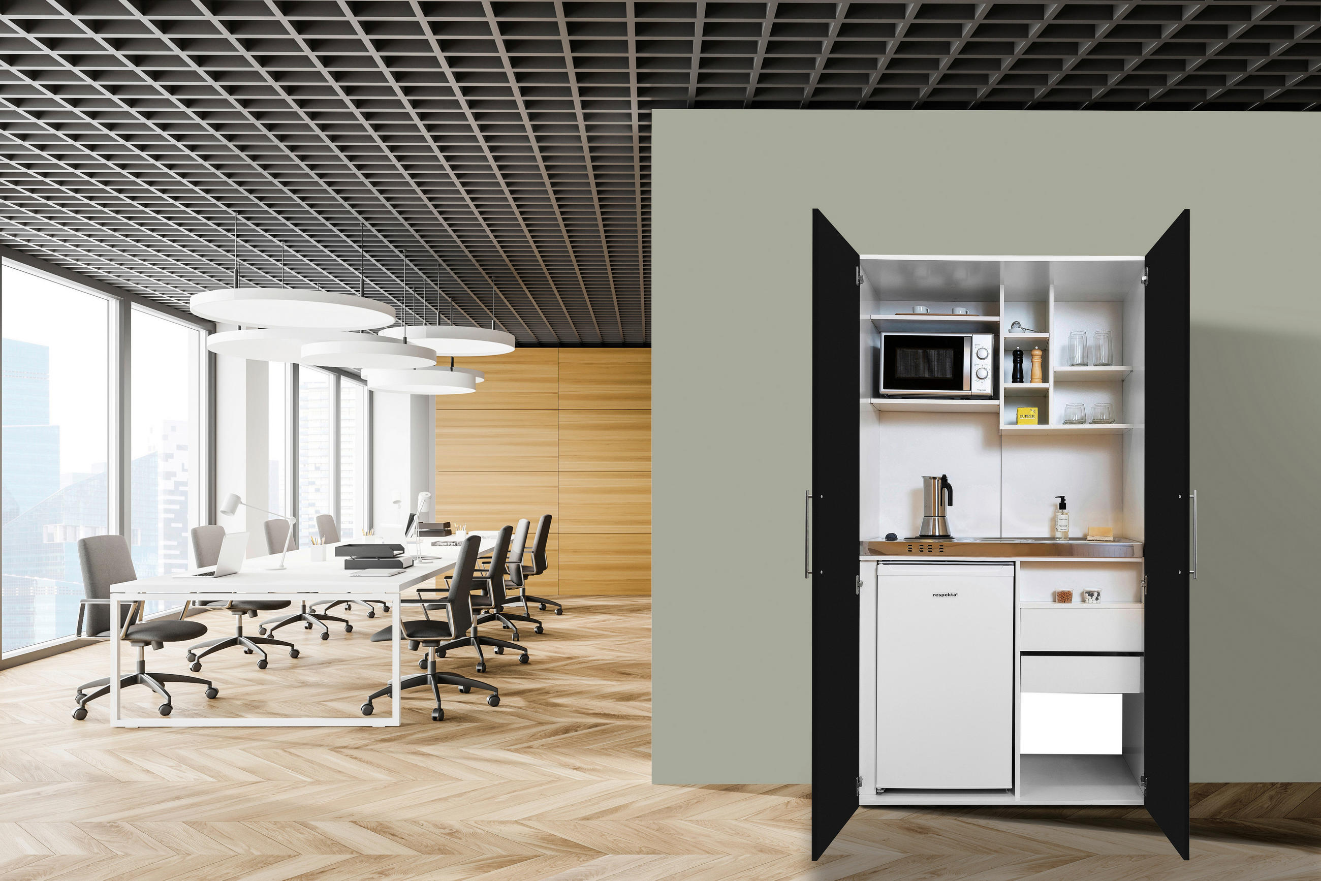 Schrankküche mit Mikrowelle + Kühlschrank 104cm Weiß/Schwarz